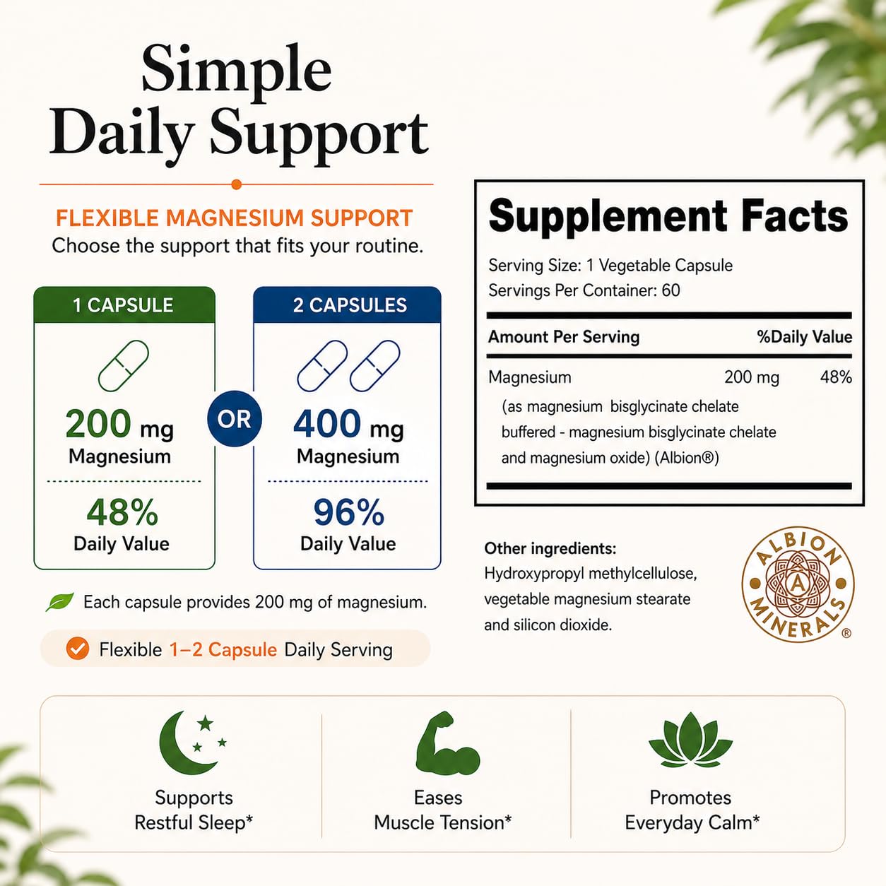 Albion® Magnesium Bisglycinate Chelate, 200 mg per Capsule – Chelated Magnesium Glycinate for Sleep, Stress & Muscle Recovery – Gentle, Non-Laxative – 60 Vegan Capsules — Amazon image 2