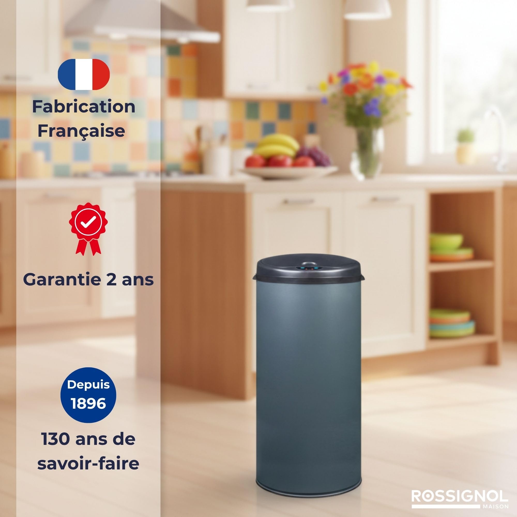 ROSSIGNOL Poubelle de cuisine automatique et 10 sacs-poubelle. Capacité 45L, Fabrication française, Poubelle à ouverture automatique SENSITIVE