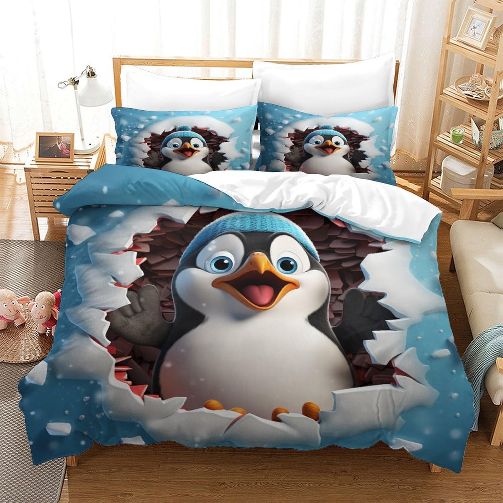 P1S9U7W5Y 3D Printed Cartoon Penguin Duvet Cover Set 3pcs Microfiber Penguin Bedding Set Double
