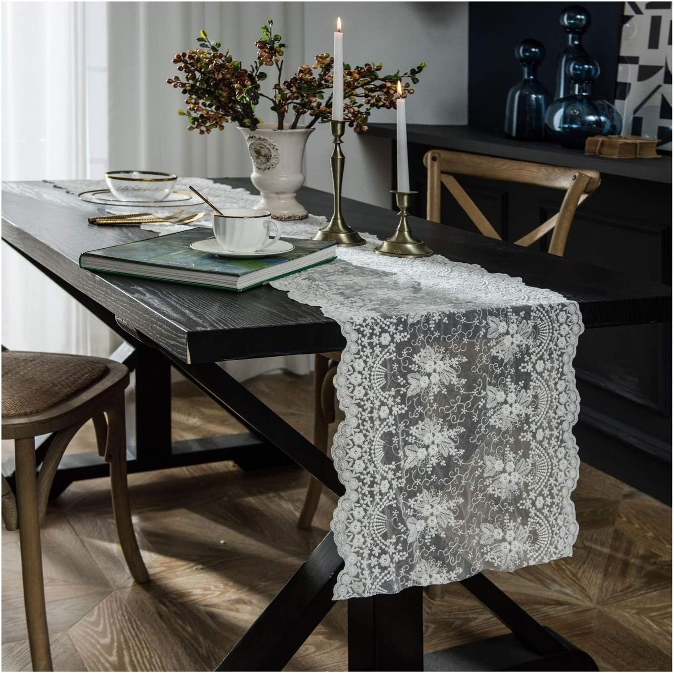 Home Decor Table Runner,40x160CM,Hollow Out Lace Flowers Home Decor Table Runner Polyester,Table Runner White