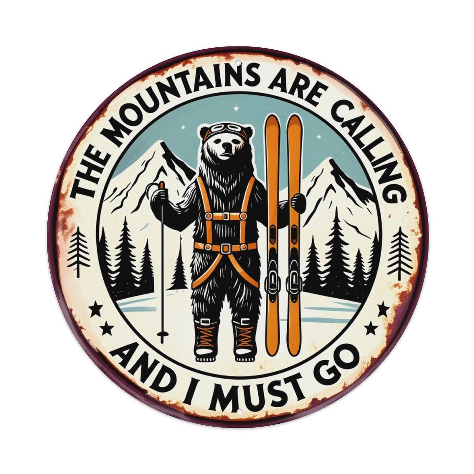 Jdfenggu Vintage Bear Skiing Mountains Trees Stars Retro Metal Tin Sign, Metal Poster For Bar, Home, Man Cave, Kitchen, Laundry Room Art Decor 8X8 Inch