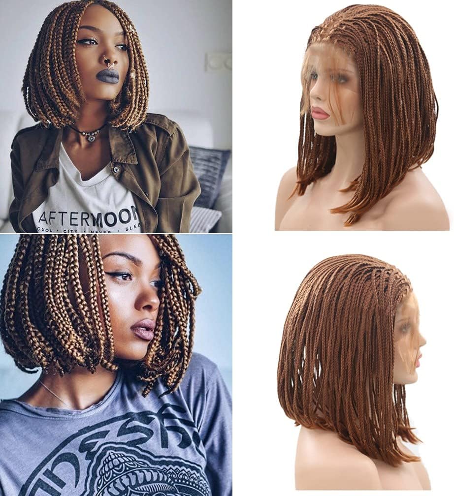 女性用ショートボブ編組ウィッグレースフロントウィッグブラウン人工毛ボックス編組レースウィッグベビーヘア付きショルダーレングスウィッグ