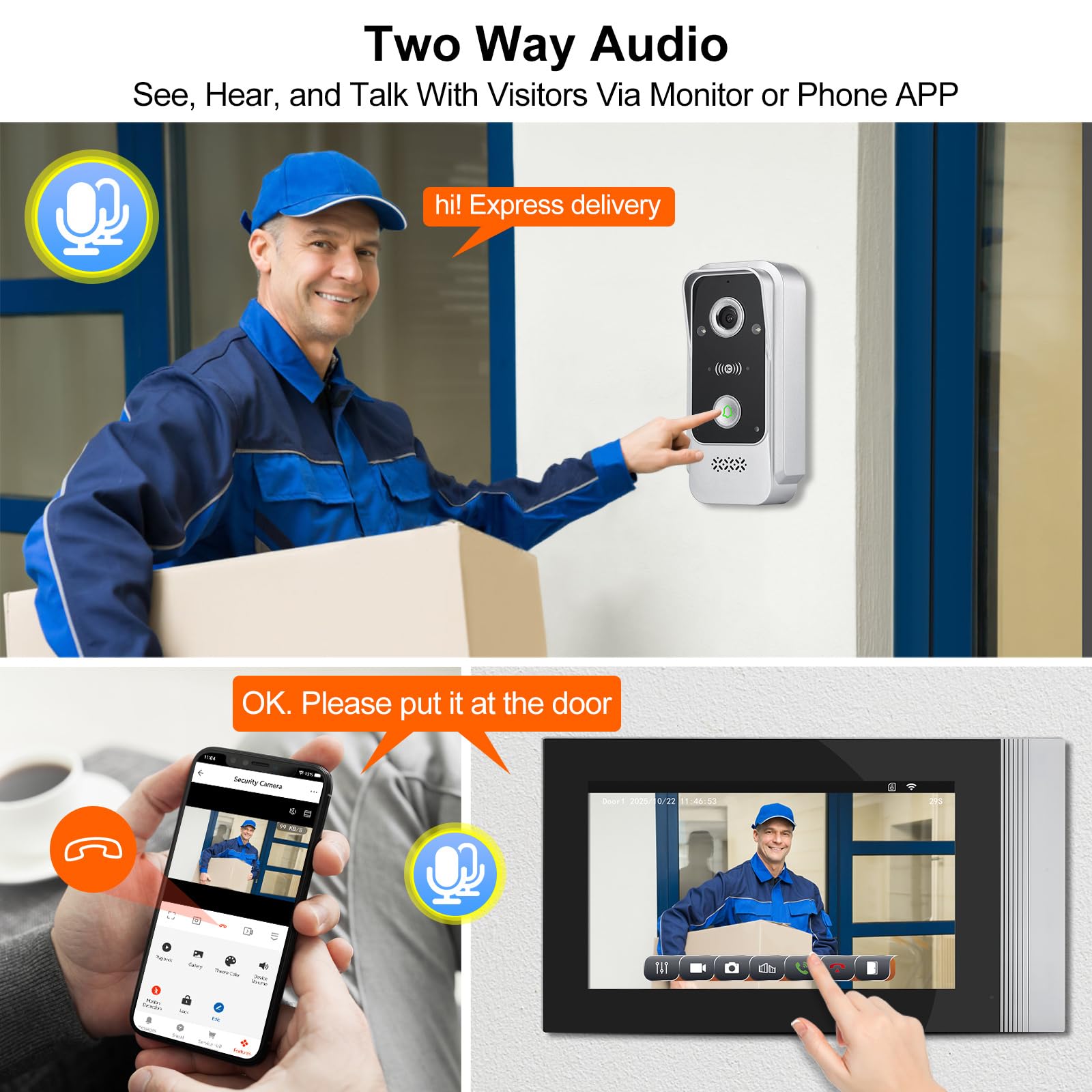 Sistema de Videoportero con Timbre WiFi de 2 Cables, Cámara HD 1080P con Pantalla Táctil Color de 7 Pulgadas, Visión Nocturna, Grabación, Tarjeta RFID/App Tuya Desbloqueo Remoto