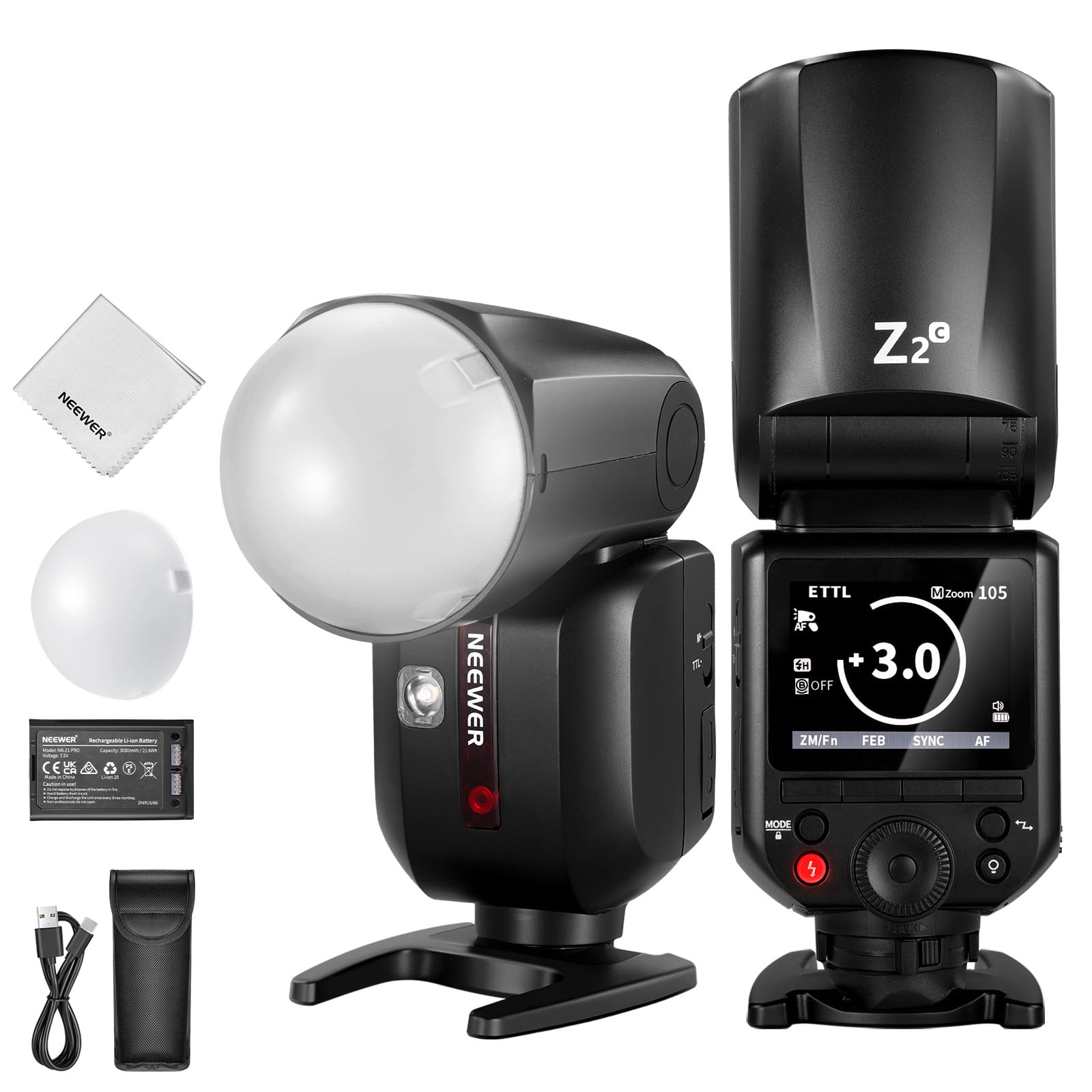 NEEWER Z2-C 2,4G TTL Flash Speedlite Rond Compatible avec Canon,600 Flashs Pleine Puissance,3 000mAh,76Ws 1/8 000s HSS,2 Lampes de modélisation,Diffuseur de lumière,Bouton TTL/M pour système Q 2,4G