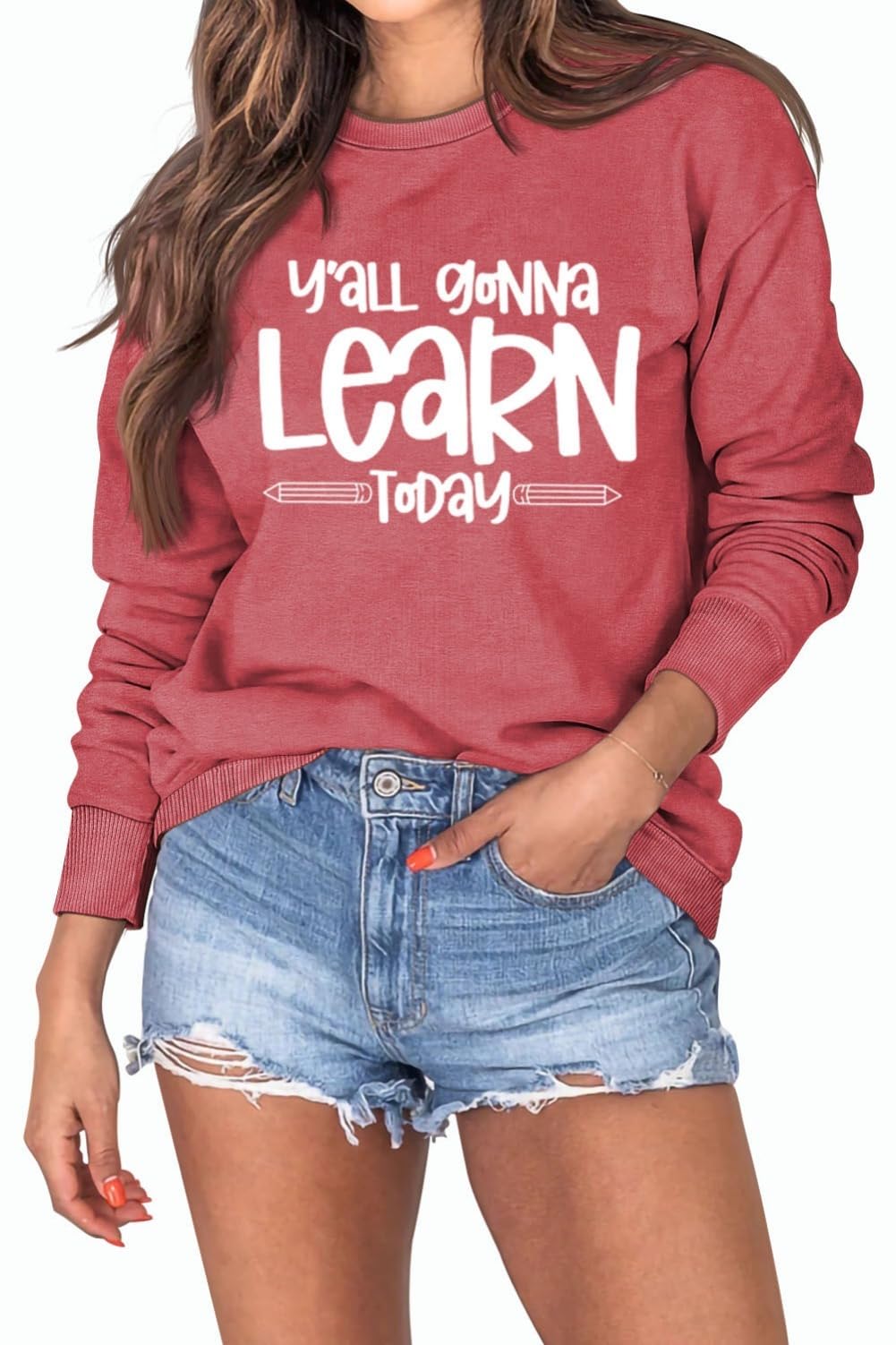 Ymesnve Y'all Gonna Learn Today Sweatshirt Womens Funny Teacher Gift Shirts Long Sleeve Crew Neck Trendy Pullover Tops