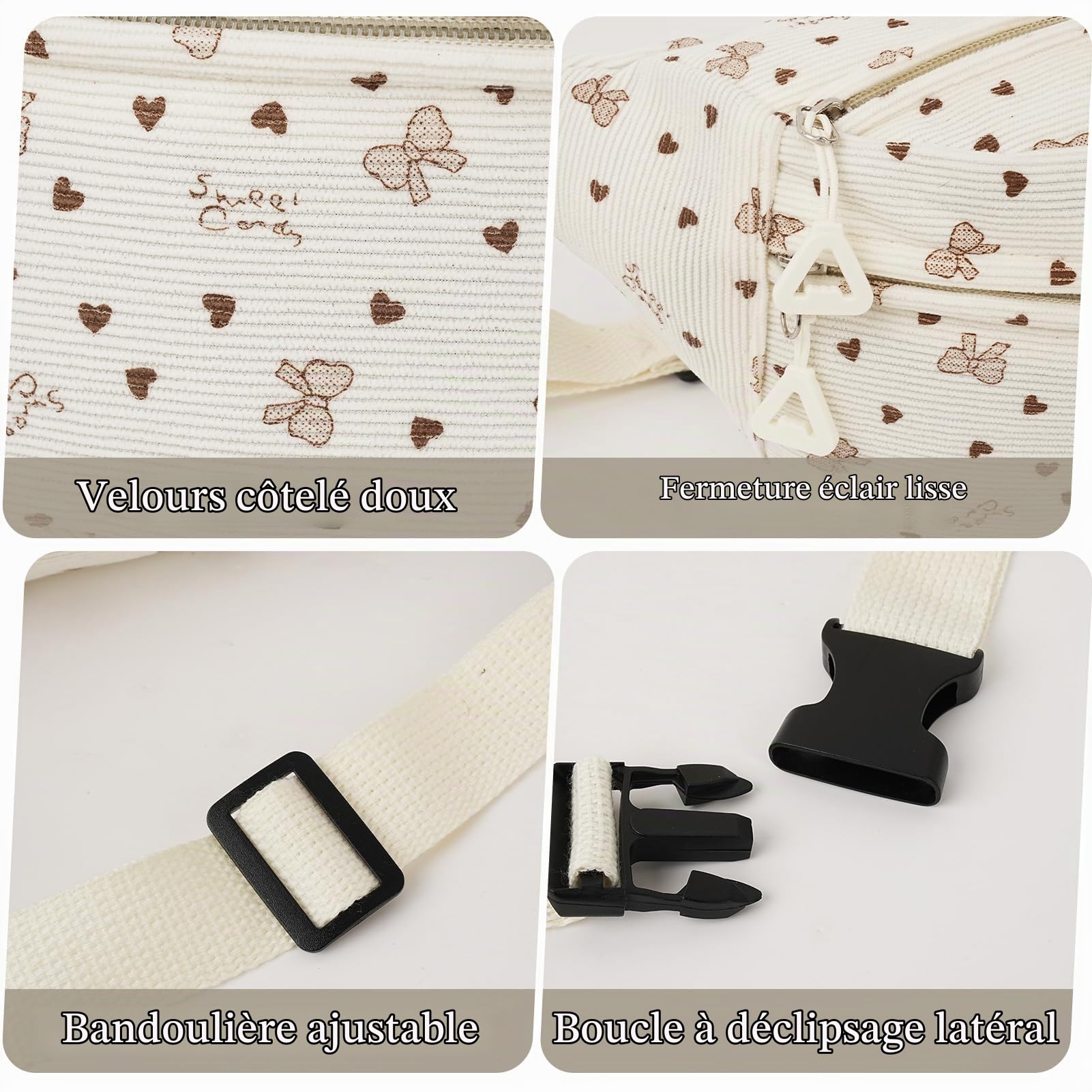 Sac Banane Velours Côtelé Femme Sport Sac Ceinture Velours Côtelé Petit Sac Banane avec Imprimé Nœud Sac Bandoulière Femme pour Extérieur Sport Voyage Blanc