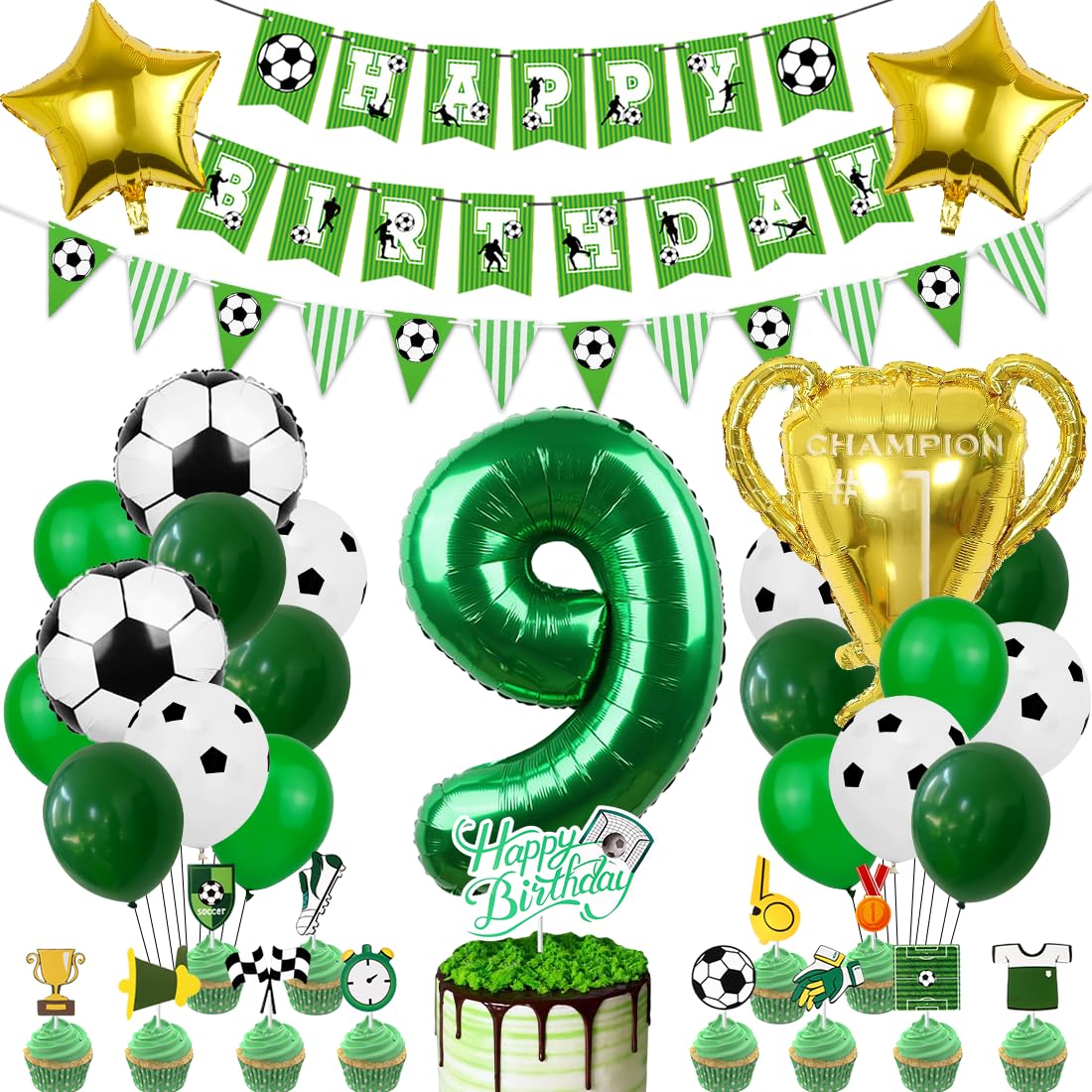 Fußball Luftballon 9. Geburtstag, Fußball Deko Geburtstag, Fussball geburtstag Deko, Geburtstagsdeko 9 , Fussball Party, Grün Folienballon für Geburtstagsdeko
