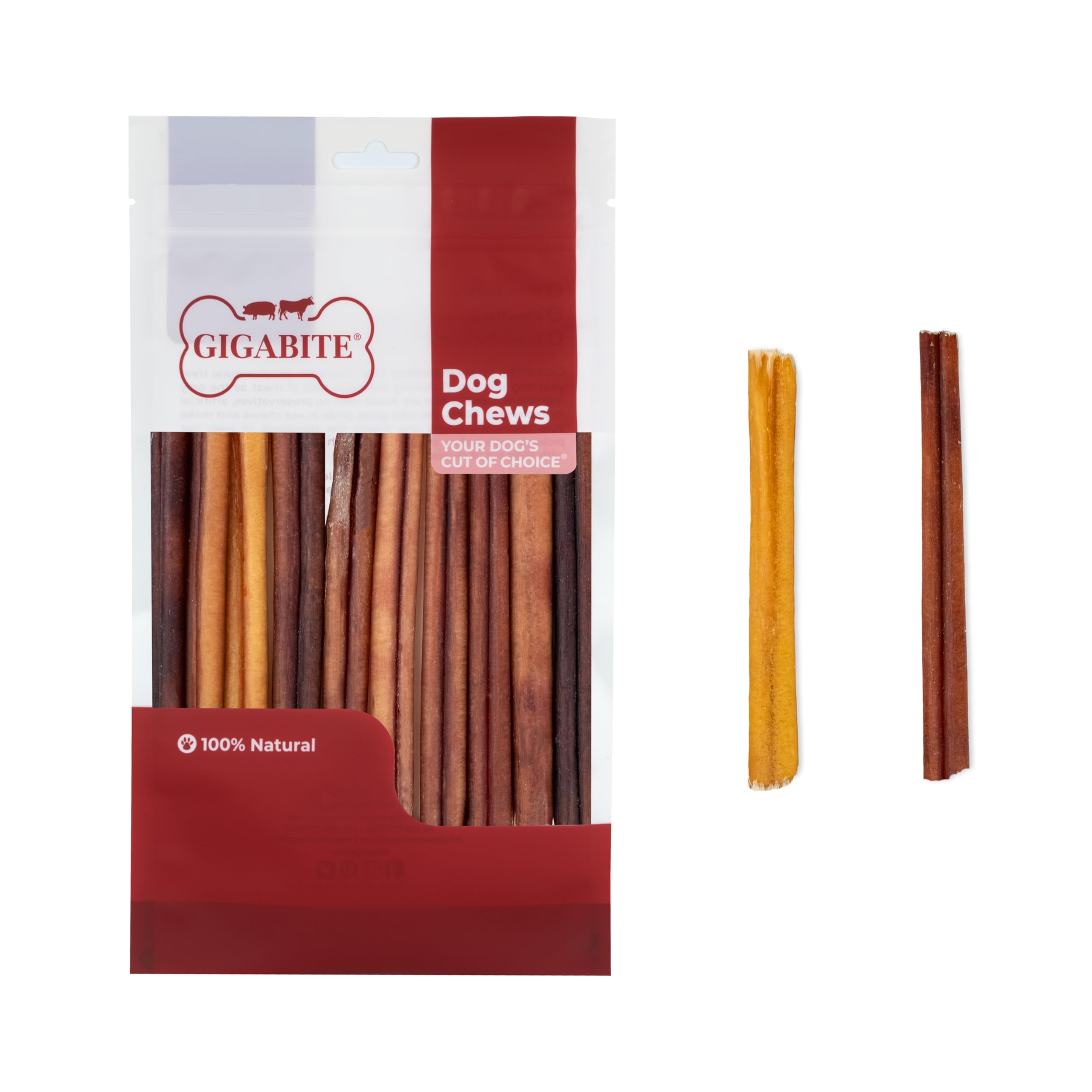 GigaBite Bully Sticks for Dogs All Natural Beef Pizzle Dog Chews, Odor &amp; Rawhide Free Dog Treats, Long Lasting High Protein Chews Digestible Dental Dog Treat - Sticks (Regular 6"), Pack of 10
