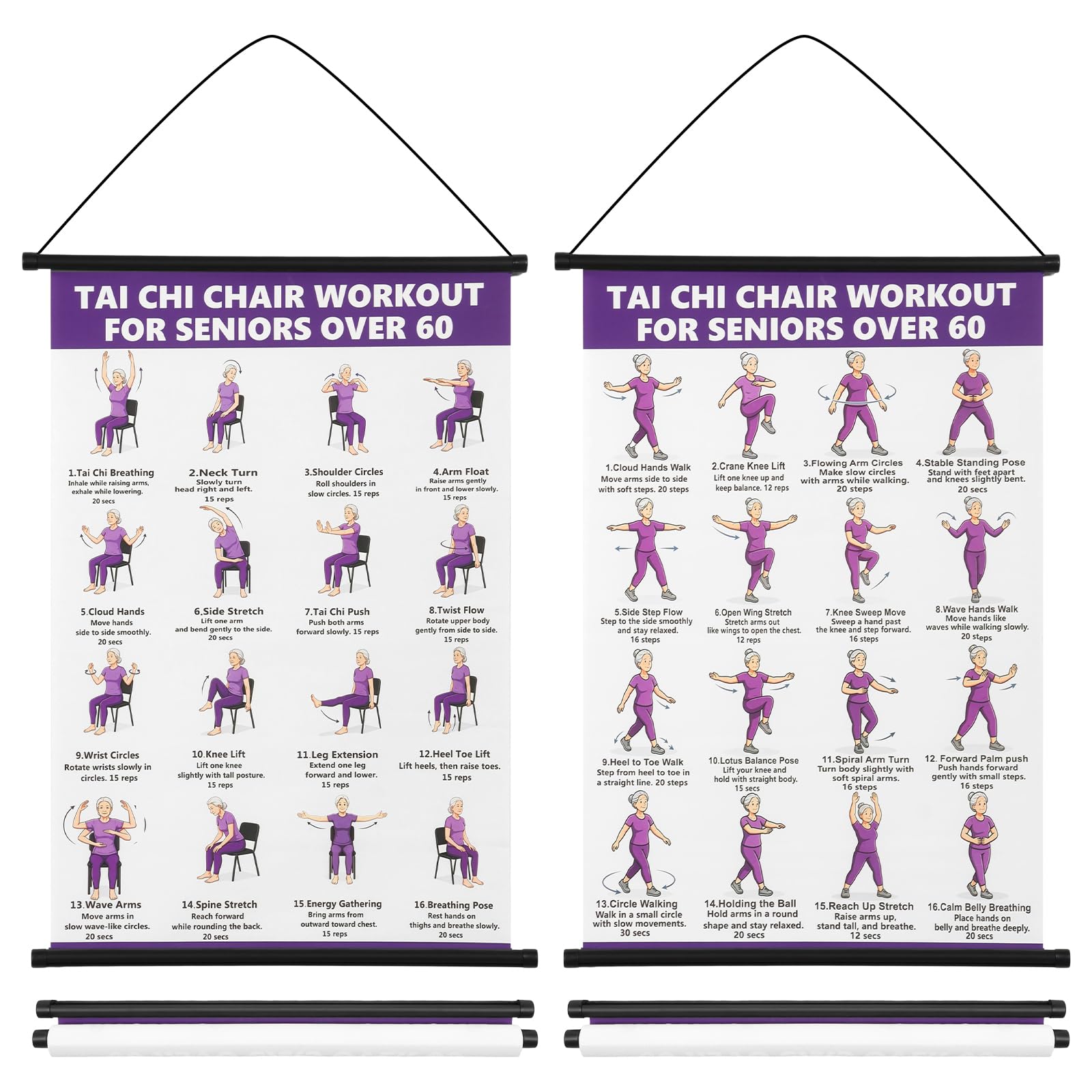 HZUIZXYO 2Pcs Tai Chi Chair Workout Chart Poster Portable Tai Chi Walking Workout Guide Poster Senior Home Exercise Chart Balance and Flexibility Training for Home Gym, Living Room, Bedroom Decor