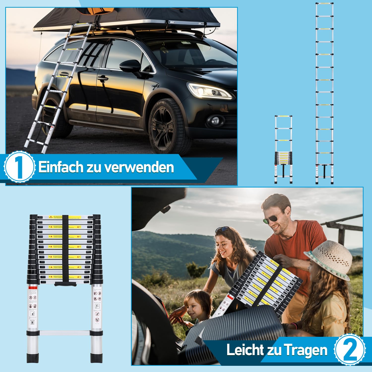 Lospitch Escalera telescópica, 5 m, escalera extensible antideslizante, aluminio, carga 150 kg, escalera extensible, escalera multiusos, extensible y portátil para desván, oficina, caravana, escalada