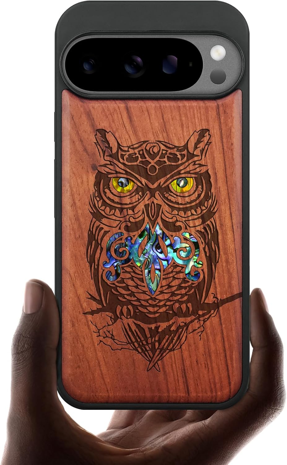Carveit Magnetic Wooden Case for Google Pixel 10 Pro XL Case, Wood Artisan Engraved & Handmade Shell Inlaid, Compatible with MagSafe Wireless Chargers, an Owl Perched on a Branch - Rosy
