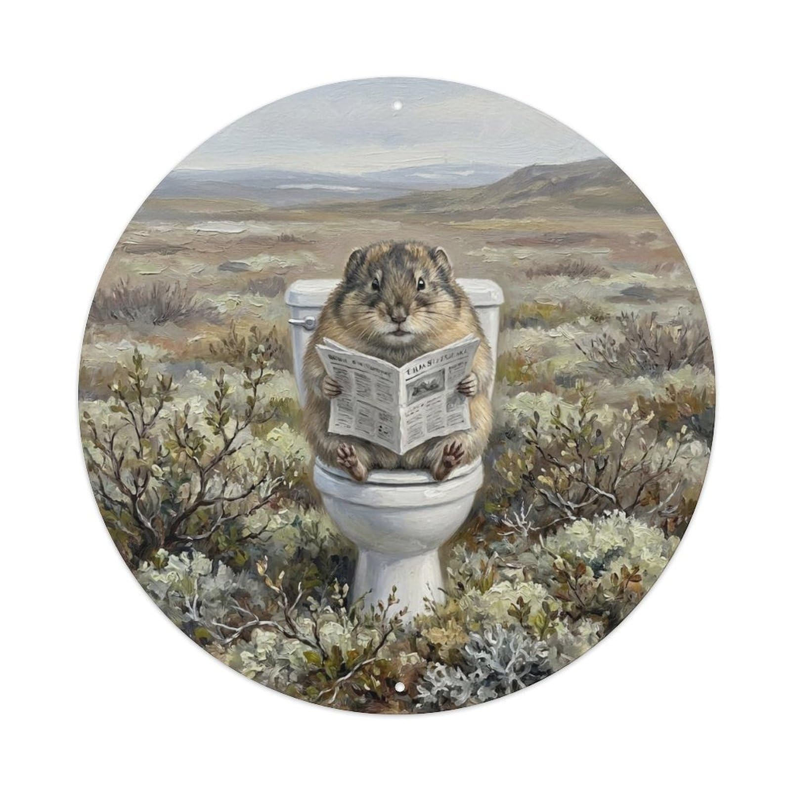Lemming On Toilet Humorous Bathroom Tundra Meadow Reads Metal Tin Sign