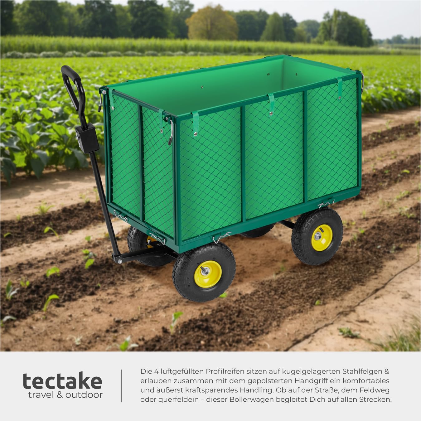 tectake® Bollerwagen, mit Seitenwänden klappbar, Handwagen, Transportwagen zum Anhängen und Ziehen, hochbelastbar bis 544kg, als Einkaufstrolley, Transportkarre, Rollwagen, Strand Bollerwagen
