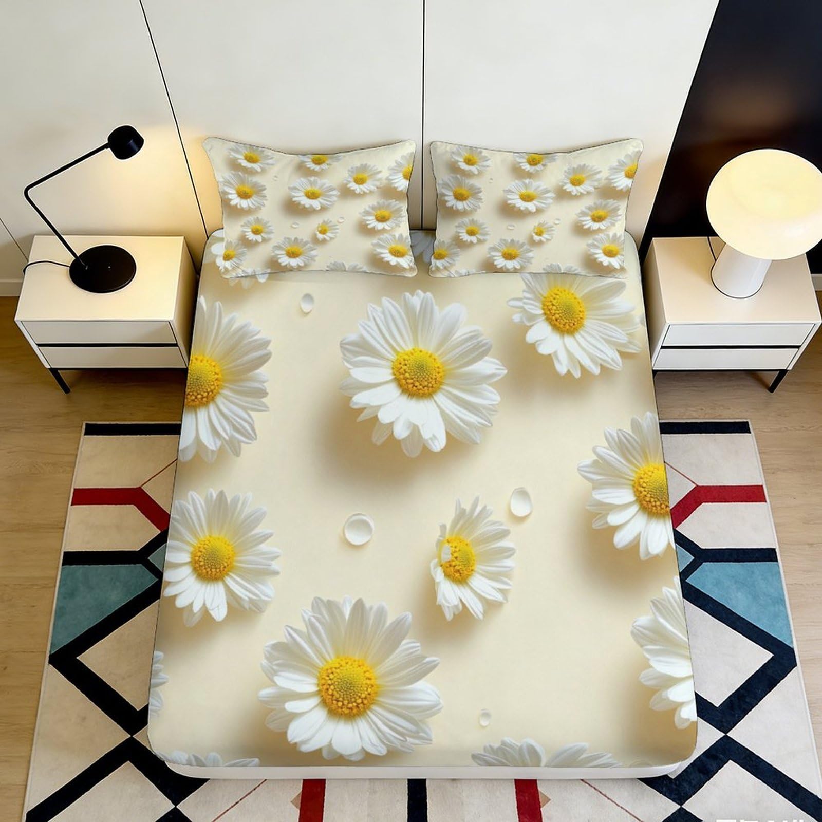 3D Printed Daisy Blossom Fitted Sheet Microfiber Non-slip Bed Cover for Bedroom Guest Room Mattress Protection Decor 90x200x25cm