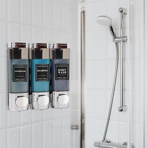 Miniatura 7 de Dispensador de champú y acondicionador, dispensador de jabón de ducha de 3 cámaras, dispensador de jabón de ducha de 3 cámaras, montaje en pared