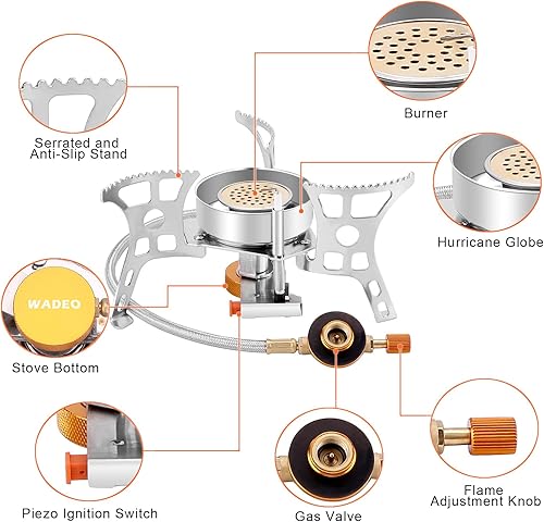 Miniatura 5 de WADEO Estufa de camping resistente al viento de 3900 W, estufa de gas para acampar con encendido piezoeléctrico, estufa de mochilero portátil con