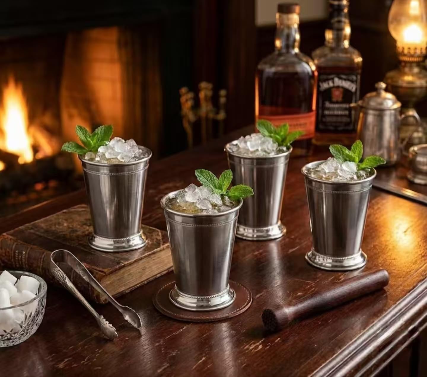 Southern Elegance 4-Pack Mint Julep Cups Gift Set - 12oz Stainless Steel Cocktail Glasses with Wooden Muddler, Straws & Brush - Metal Tumblers for Kentucky Derby, Wedding