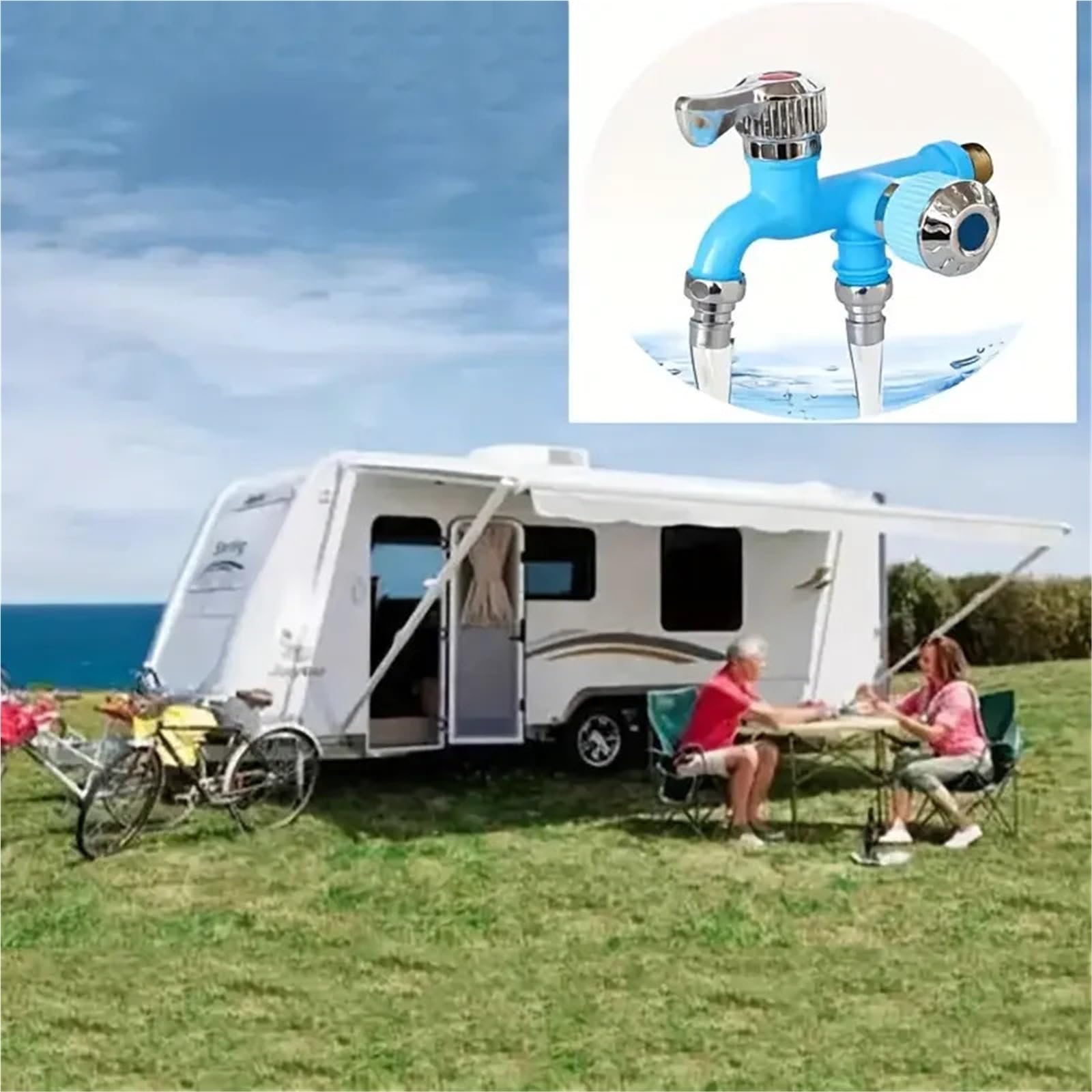Rubinetto universale monocomando e due uscite, multifunzione, antigelo e antispruzzo, per cucina e camper, lavatrice a doppio controllo (blu)