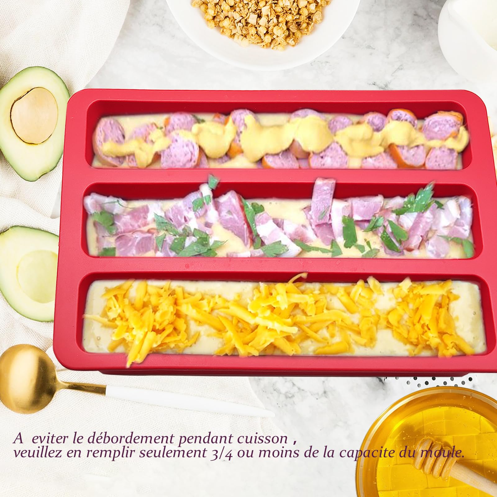 Moule Silicone Gâteau Rectangulaire 29x19cm Long Cake Apero Mini Cake 3 Cavités Rouge