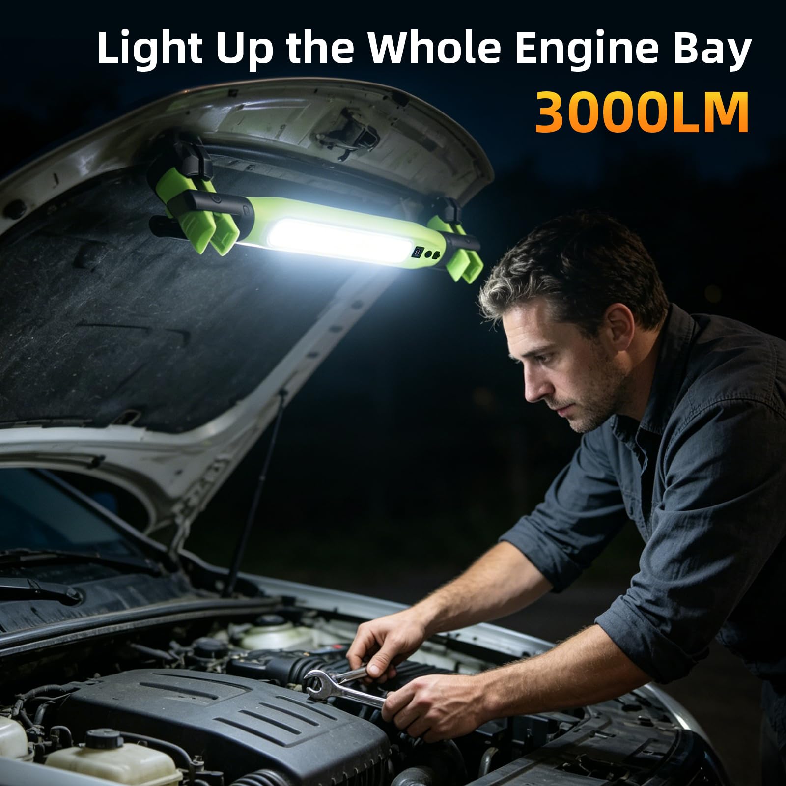 Wiederaufladbare LED-Arbeitsleuchte, 3000 lm, tragbare Mechanikerleuchte mit Magnetfuß, Haken und Klemmen, 4 Modi, Unterhaube, Arbeitsleuchte mit rotem SOS für Autoreparatur, Garage, 2 Stück