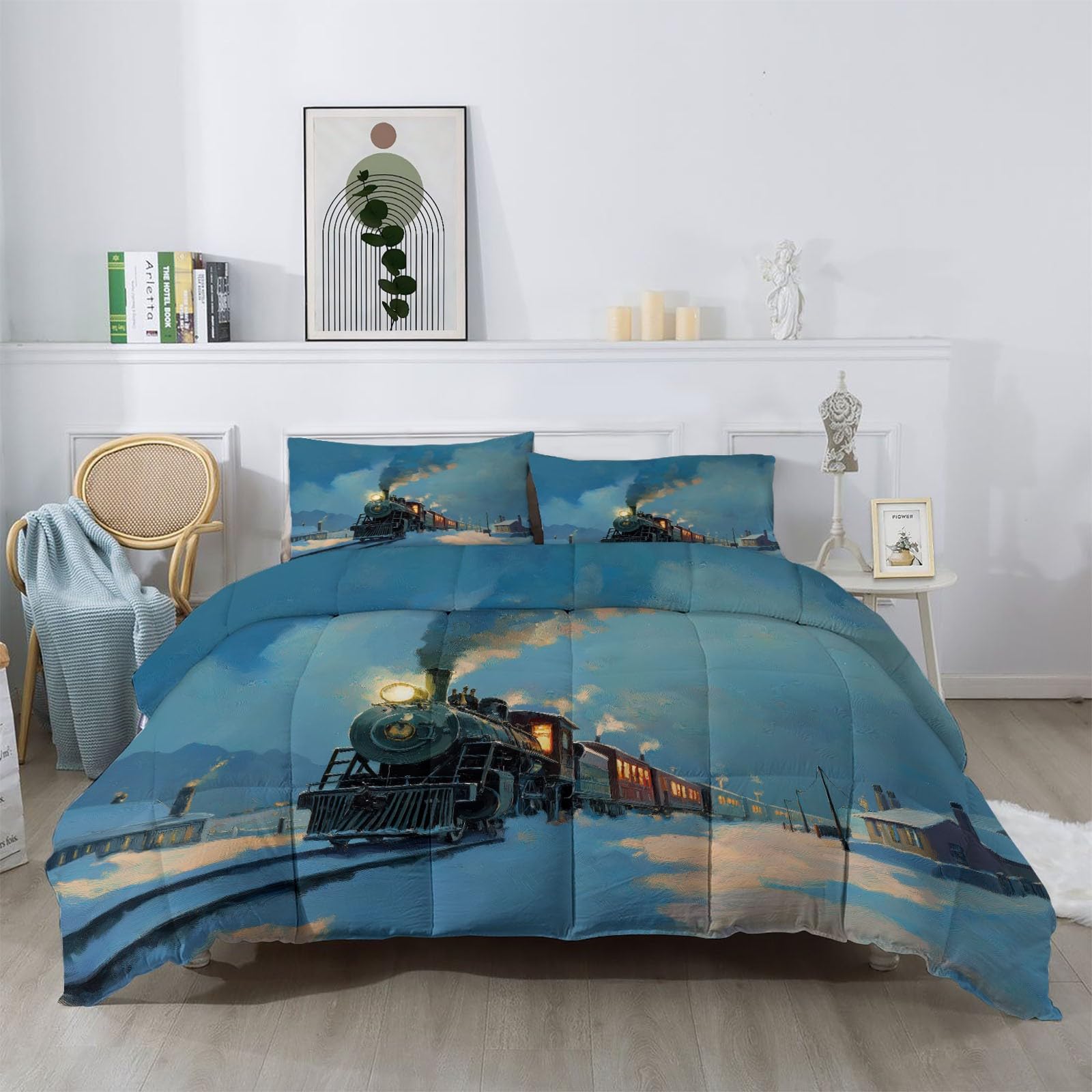Colcha Pintura al óleo de un Tren con Escena Nevada Cubrecama Ligera Fina Entretiempo Extra Suave 220 x 240 cm Transpirable de Cama de Colchas Acolchadas de Microfibra Colcha a con Azul