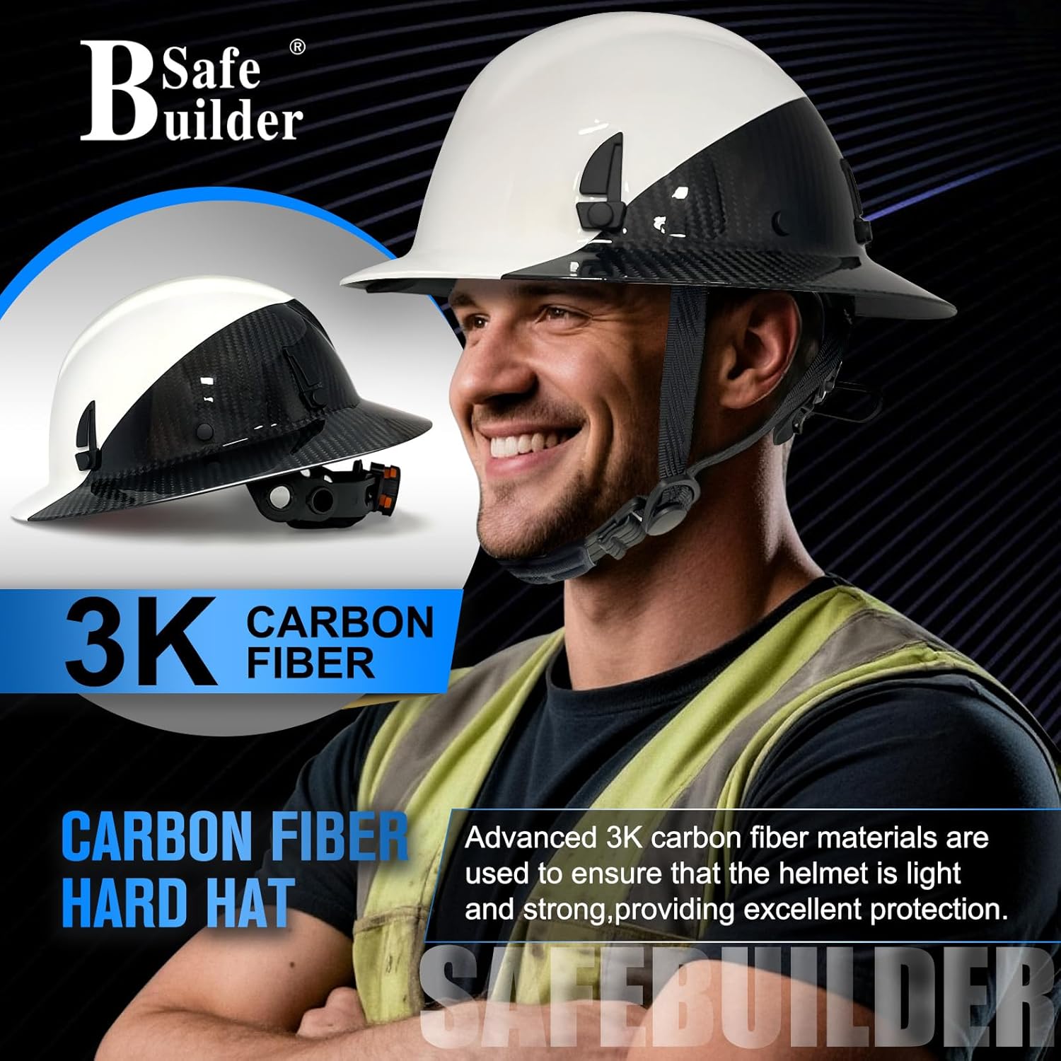 Carbon Fiber Full Brim Hard Hats Made of Carbon Fiber Safety Helmet 6-Point Suspension ANSI Certified for Construction, Industrial, Outdoor Work - Image 2