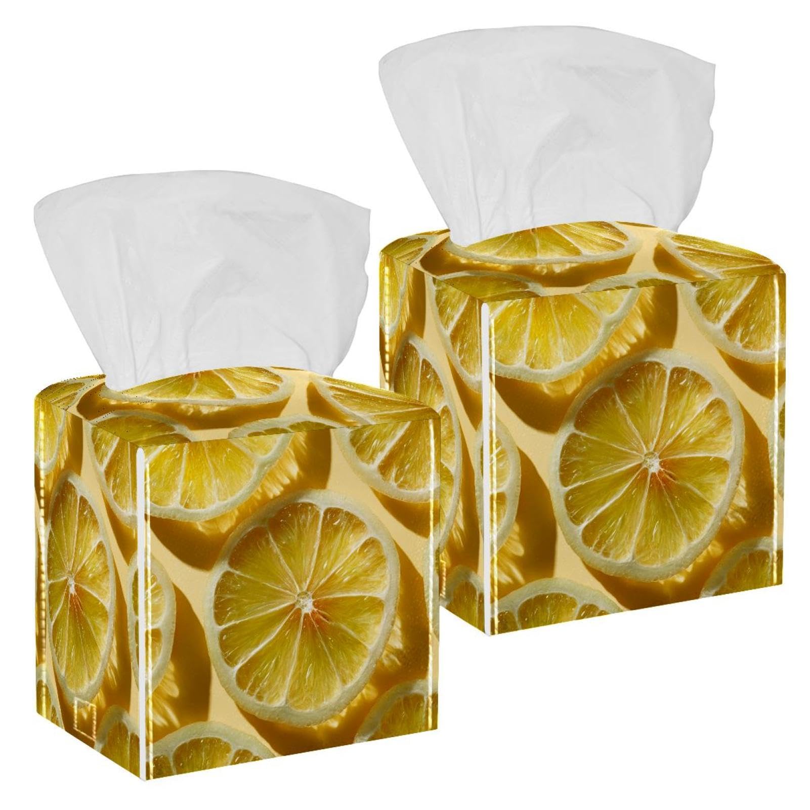 Lemon Tissue Box Cover, 2 Pack PU Leather Square Facial Tissue Dispenser Box holder for Home Office Car