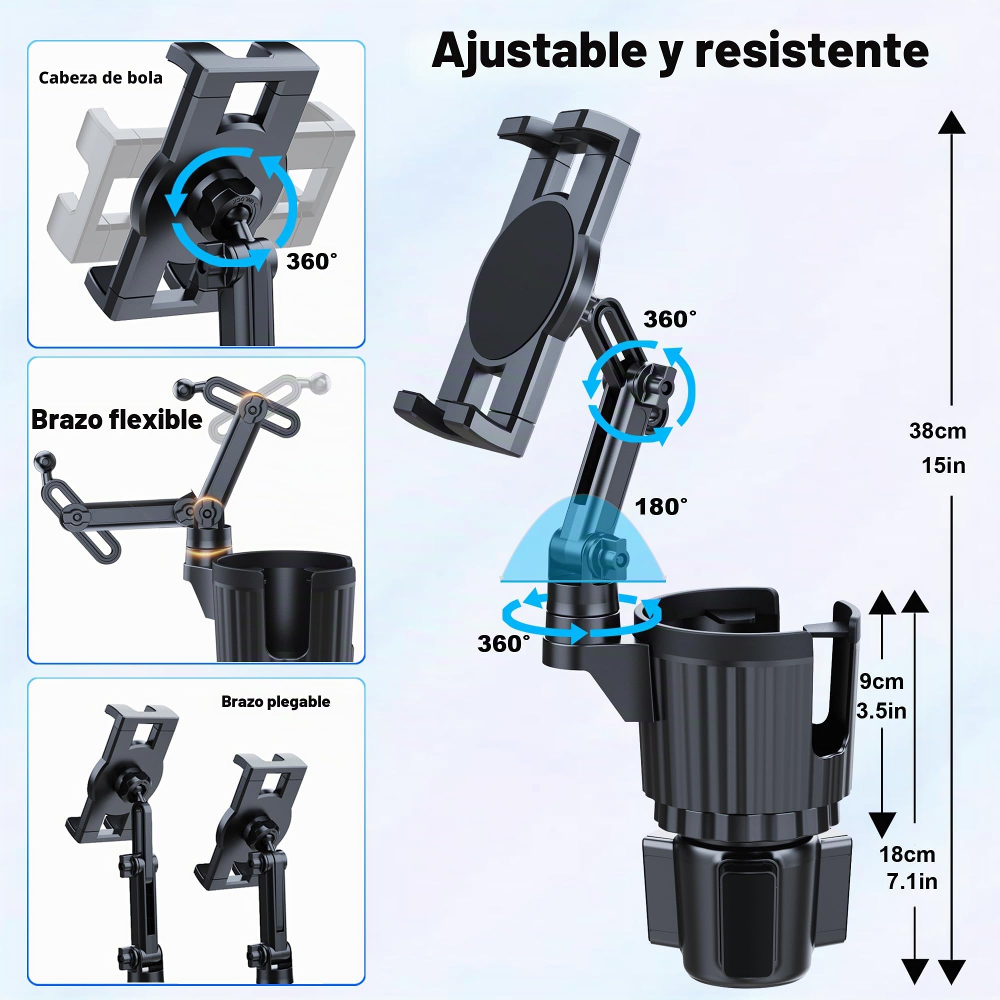 Soporte para Tableta Portavasos Coche, Soporte iPad Portavasos de Coche con Brazo Ajustable para Tabletas iPhone de 3 a 13 Pulgadas, iPad Pro Air Mini, Fire, iPhone 15, Galaxy S24 Z Fold 5