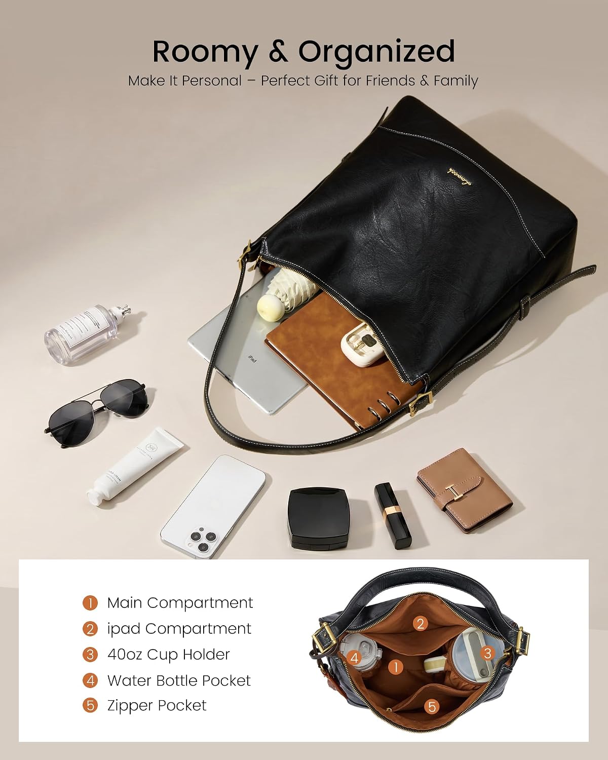 LOVEVOOK Hobo Bags for Women with Initial Charm, Soft Women's Crossbody Handbags Slouchy Shoulder Bag with Large Cup Holder