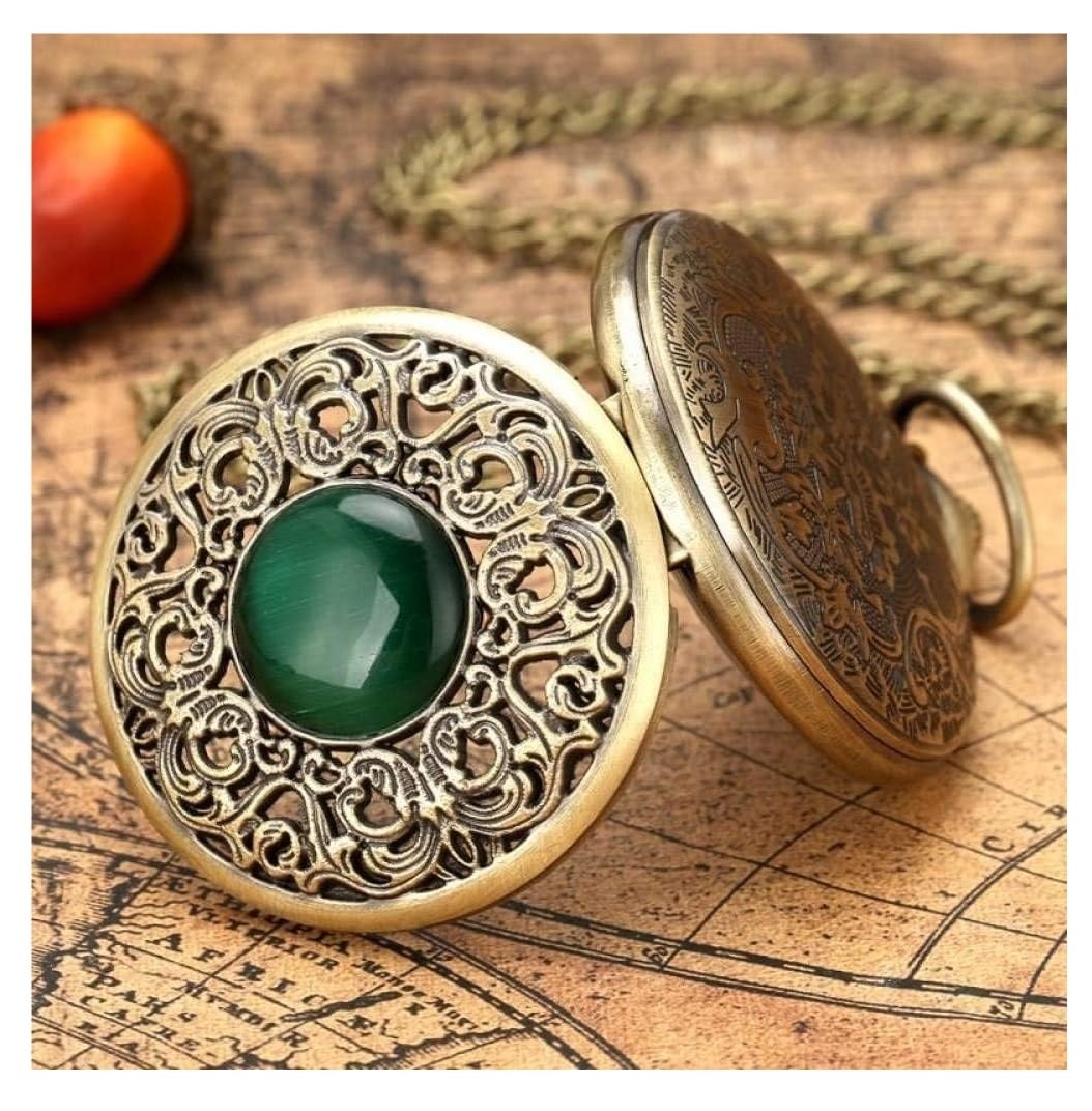 Reloj De Bolsillo Disfraz Reloj De Bolsillo Caja De Bronce Con Piedra Verde Esmeralda Reloj De Bolsillo De Cuarzo Esfera Blanca Cadena Accesorio Retro