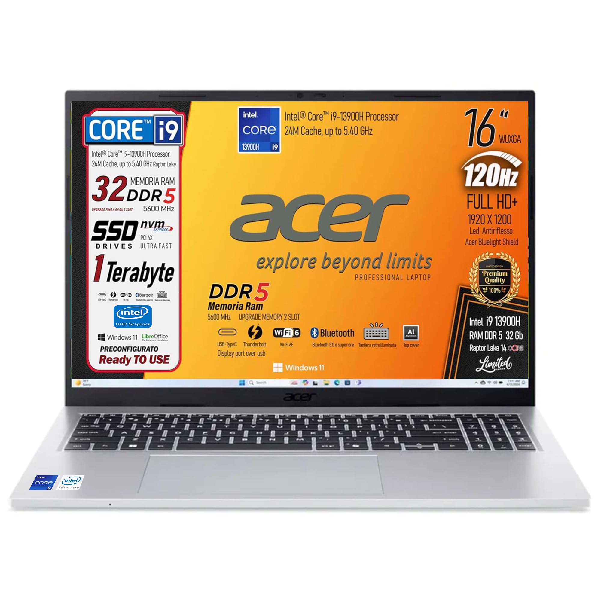 Acer Notebook Intel Core i9 13900H 13Th, RAM DDR5 32GB, SSD PCIe NVMe 1TB | Display 16" WUXGA 120Hz FHD+, 4 USB, Tastiera Retroilluminata, Wi-Fi 6, Display Port, Win 11, Libre Office, Preconfigurato