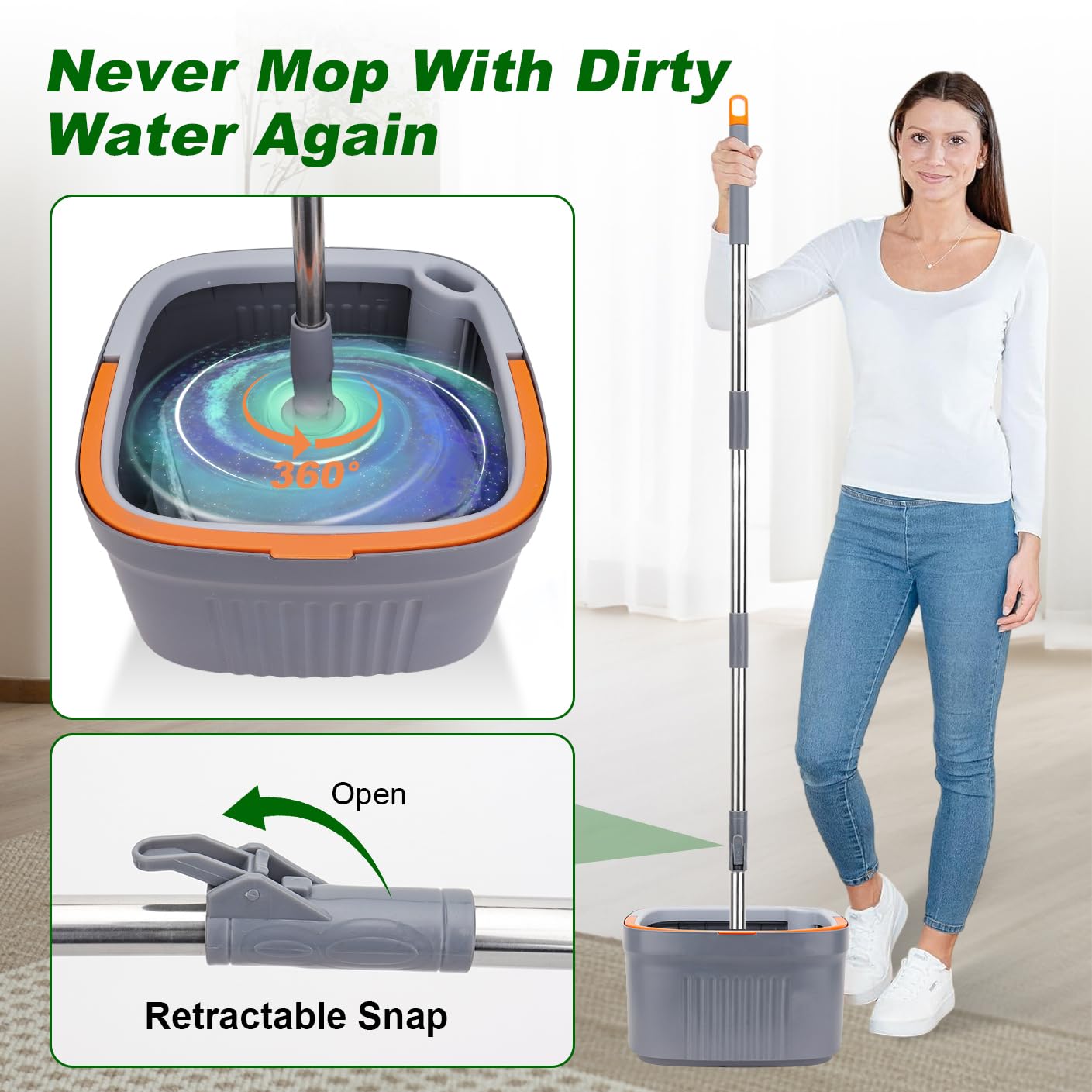 Sgizoku Set Mocio con Secchio, Mop Rotante a 360° con Strizzatoio, Funzione Lavaggio e Asciugatura, Separa Acqua Sporca e Pulita, Manico Telescopico con 4 Tamponi Riutilizzabili per Tutti