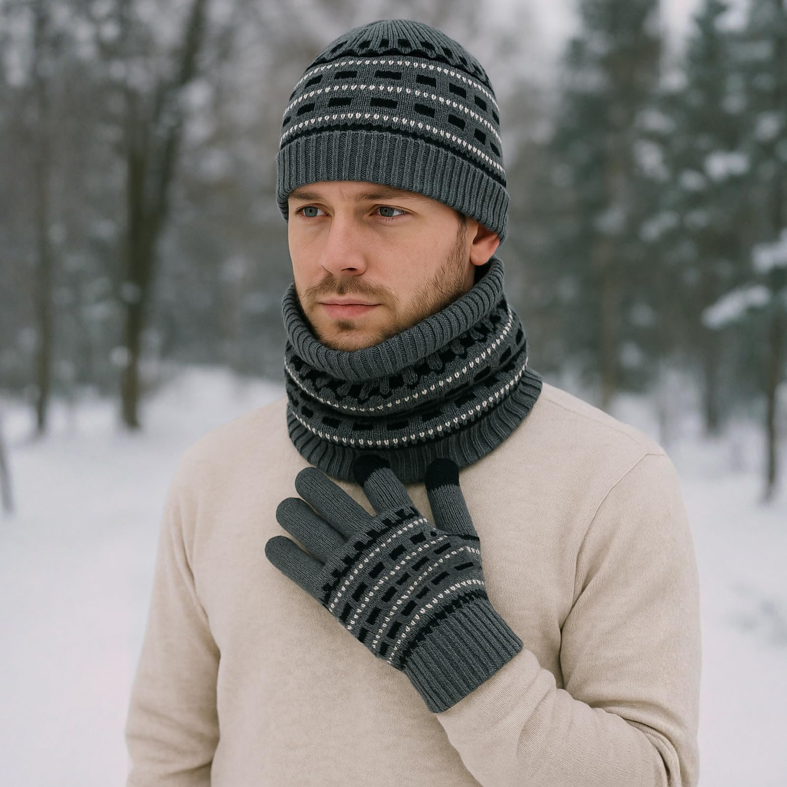 Conjunto Bufanda y Gorroy y Guantes Hombre,Cálida Bufanda Hombre Gorro Invierno con Forro Polar Guantes TermicosTáctiles,3 Piezas Regalos Ideales para Cumpleaños y Navidad