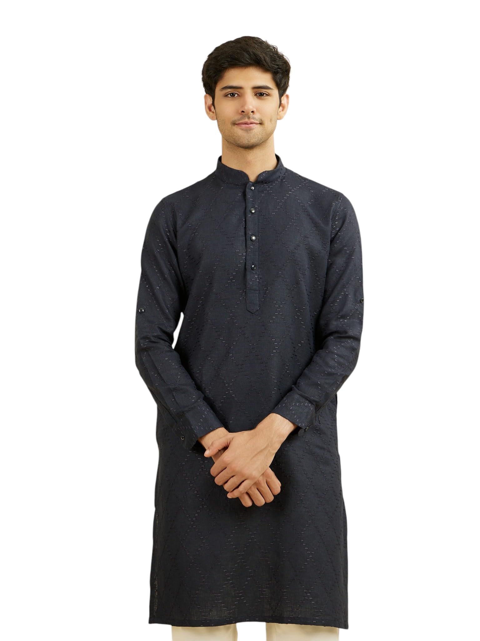 manyavar Men's Linen Thread Work Casual Kurta (Dark Blue,XXL)-picture-13