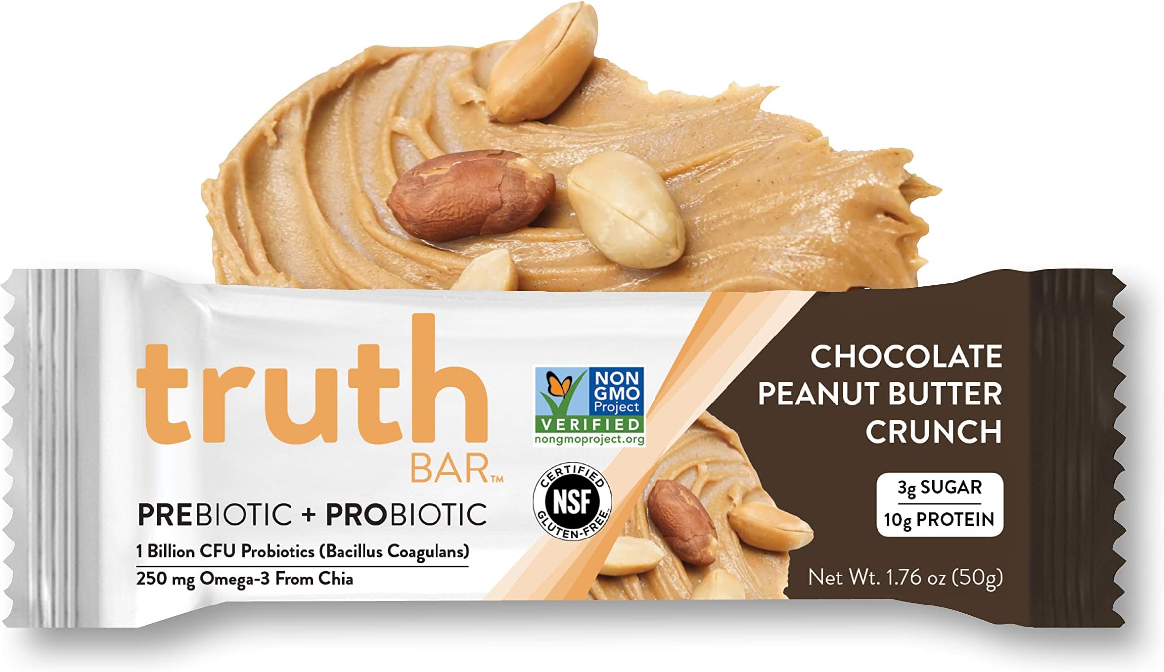 Truth Bar (Prebiotic + Probiotic), Peanut Butter Crunch (12 Packs) Low Sugar, High Protein, Gluten Free, Kosher, Soy Free, Non-GMO Nutrition Snack Bar with Premium Dark Chocolate