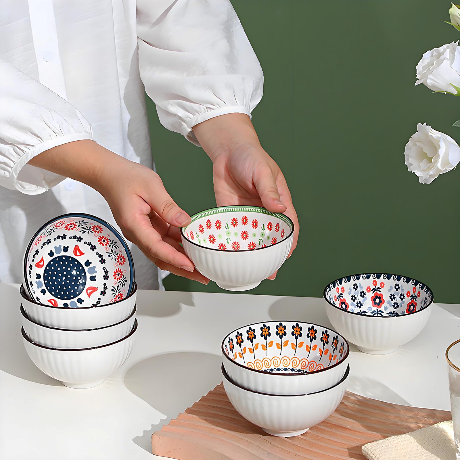 Rice Bowls 10oz, Japanese Style Bowls Set of 6 with Gift Box - Ceramic Bowls for Soup, Dessert, Ice Cream, Snack - Kitchen Gifts for Women Christmas Gift