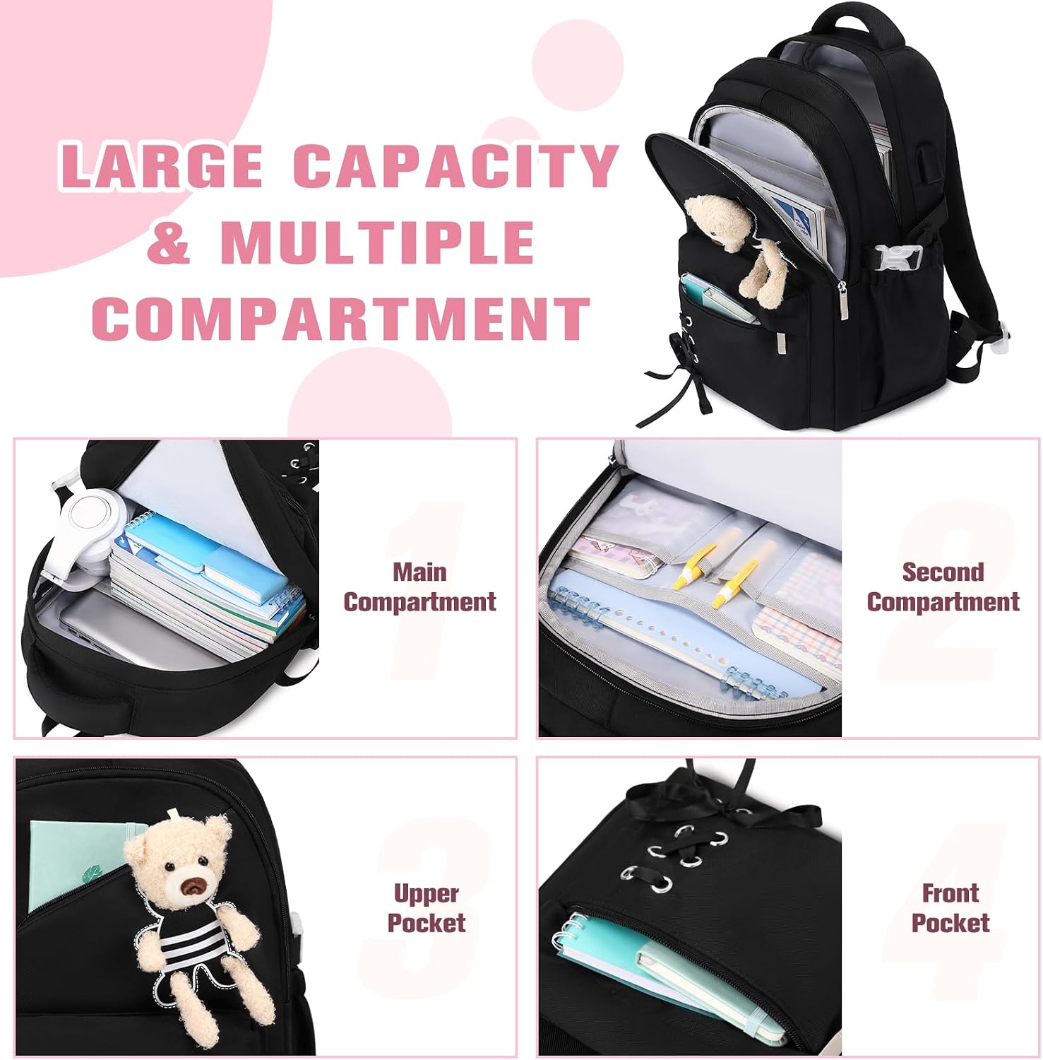 ACESAK School Backpack for Girls - 3 PCS Cute Girls Backpack with Lunch Box & Pencil Case - Kawaii Casual Kids Bookbag School Bag Daypacks Set for Elementary Middle High School Student Teens (Black)