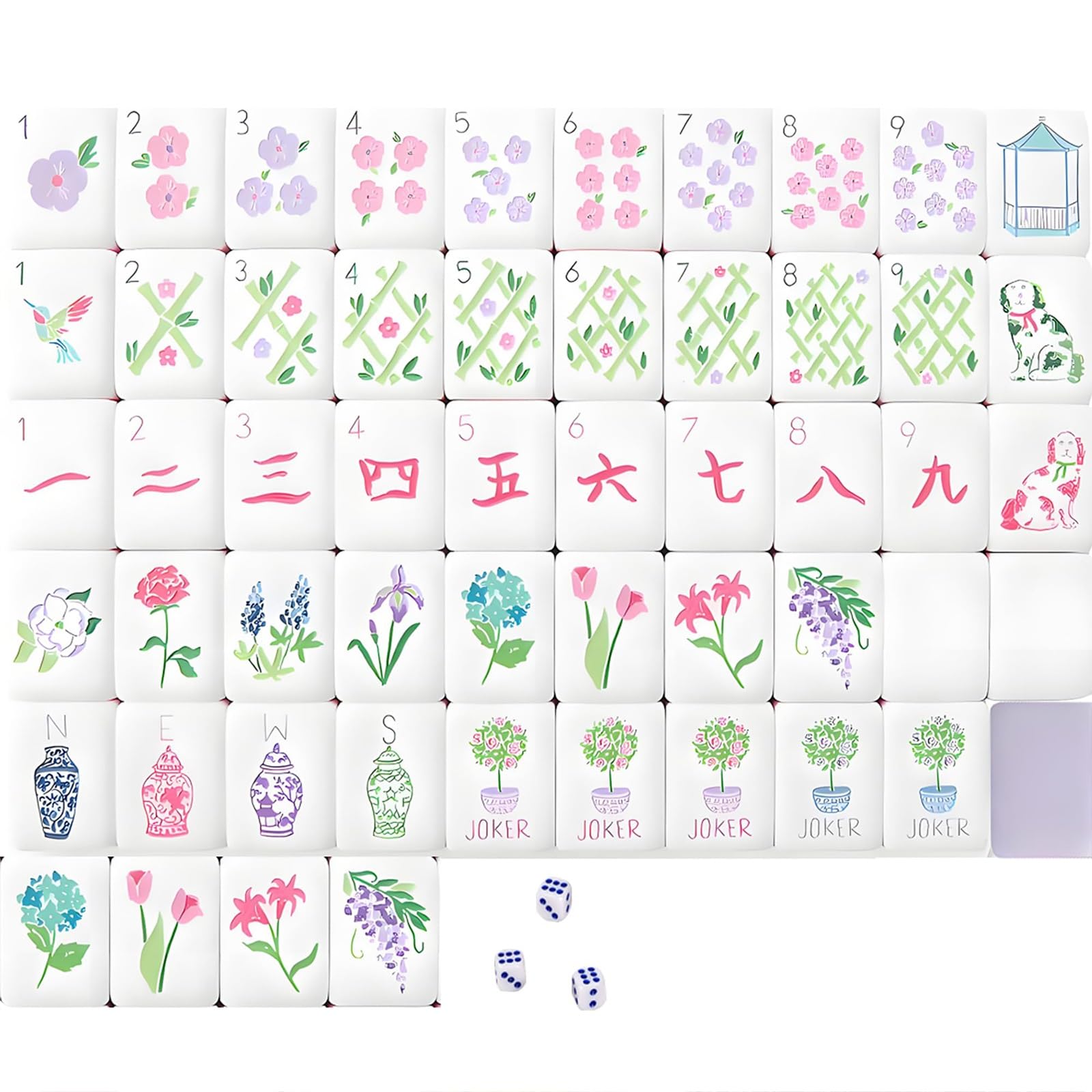 Zestaw Kafelków Mahjong 4 Warstwy Amerykański Mahjong | 3 Kostki Zestaw Mahjong 160 Sztuk Premium Wzór do Domu i Spotkań(Floral)