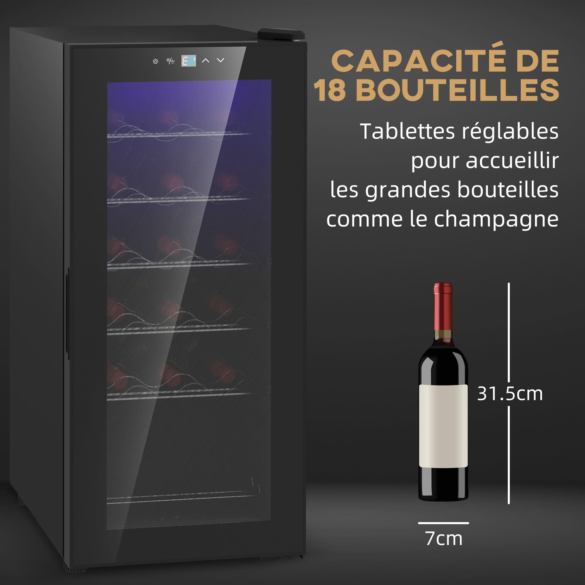 HOMCOM Cave à Vin 18 Bouteilles 50L, Réfrigérateur à Vin Silencieux, Porte en Verre, Étagères Réglables, Éclairage LED, Écran Tactile, Contrôle Température 5-18°C, Noir
