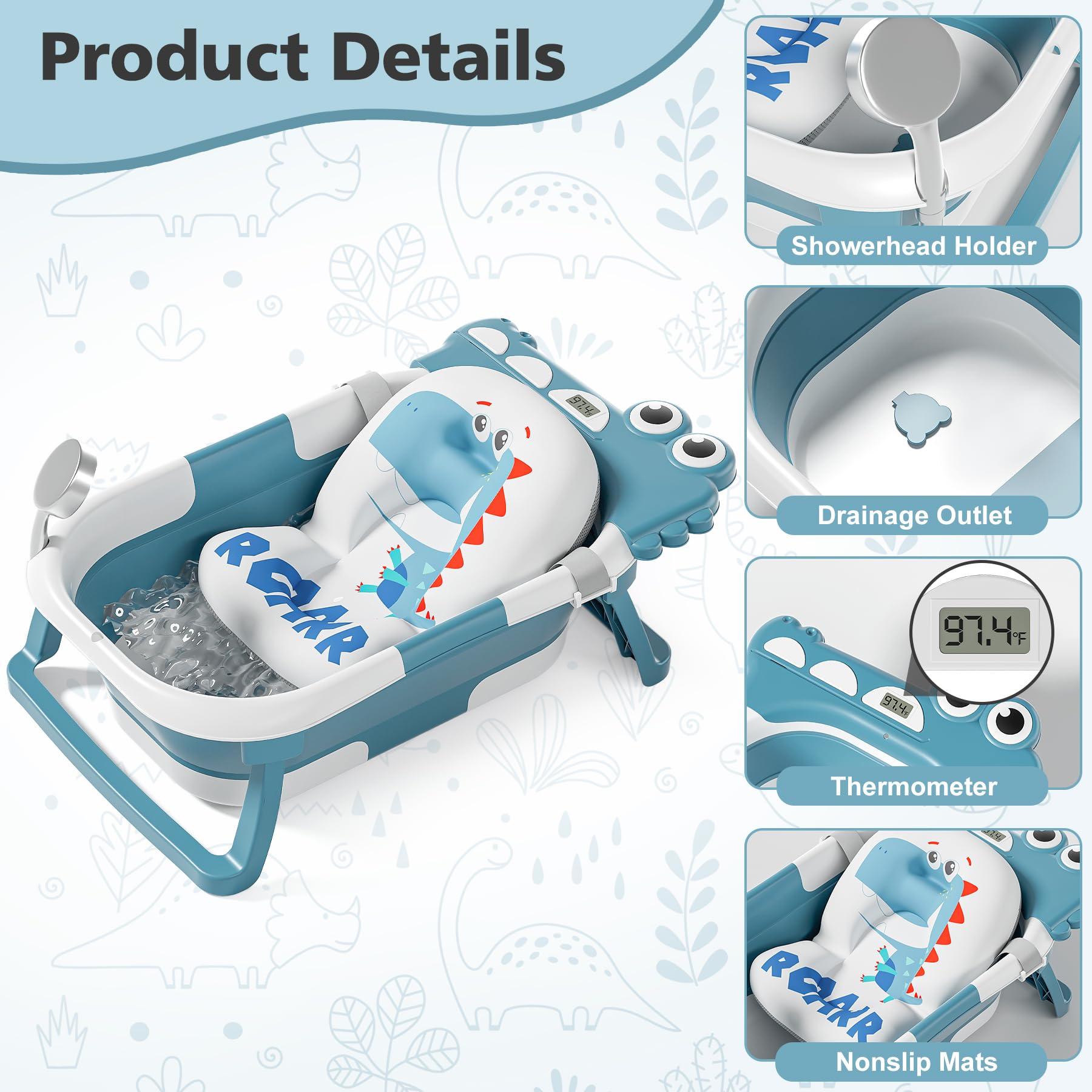 Bañera plegable de cocodrilo para recién nacidos con termómetro y 1 cojín flotante suave y agujero de drenaje, bañera de viaje plegable y portátil para recién nacidos y niños pequeños de 0 a 36 meses