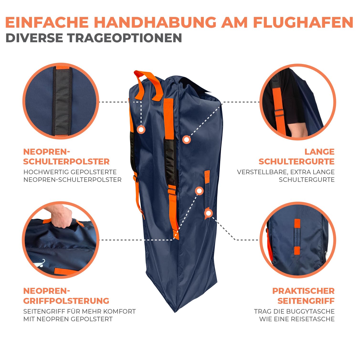 Huckaboo Buggy-Transporttasche – Robuste Buggy-Tasche fürs Flugzeug, Reisetasche für Klappbuggys & Schirmbuggys, Dunkelblau