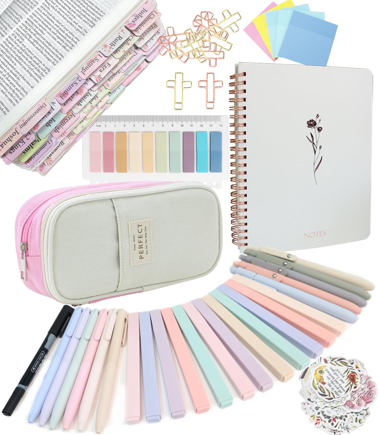 PartyGalore Bible Study Supplies Journaling Kit with Flowers Tabs and Highlighter, Annotation kit Group Essentials Accessories for Women Beginner