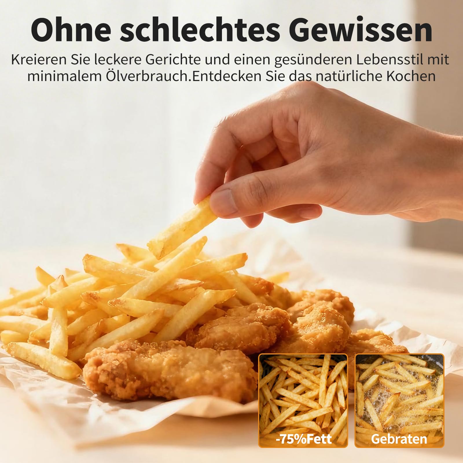 Airfryer 6L, Heißluftfritteuse mit Sichtfenster, Fritteuse ohne Öl mit Shake-Reminder, Antihaftbeschichtet, 30-200°C, 78 Rezepte, 8-in-1 Kochvorgaben, Leise Heissluftfritteuse<60db