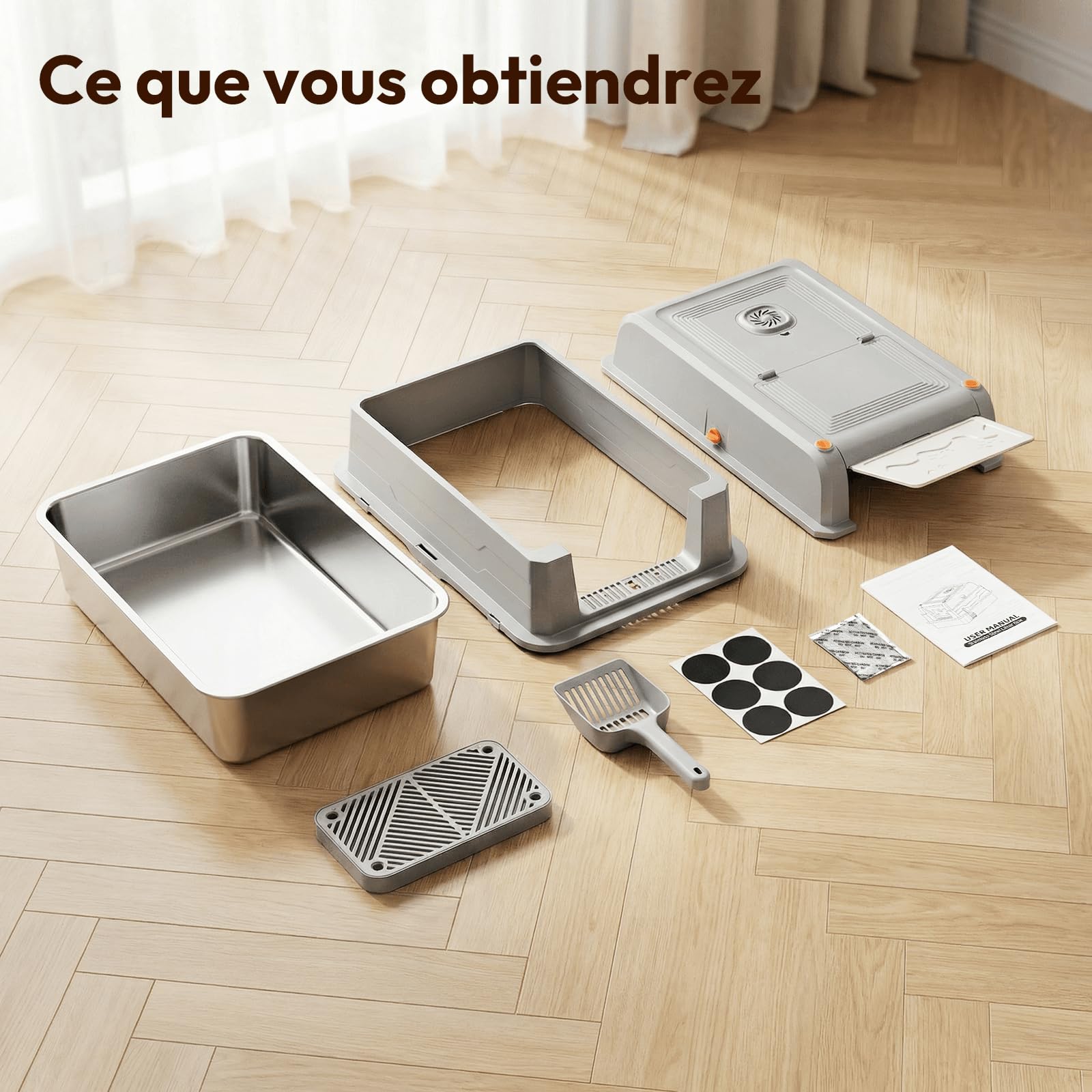 JUMMICO 120L bac à litière pour Chat XXXL, bac litière pour Chat en Acier Inoxydable 3 en 1 (Ouvert/Semi-fermé/fermé) avec Couvercle Rabattable 150°, Anti-Rayures et Anti-fuites, Plateau Anti-Sable