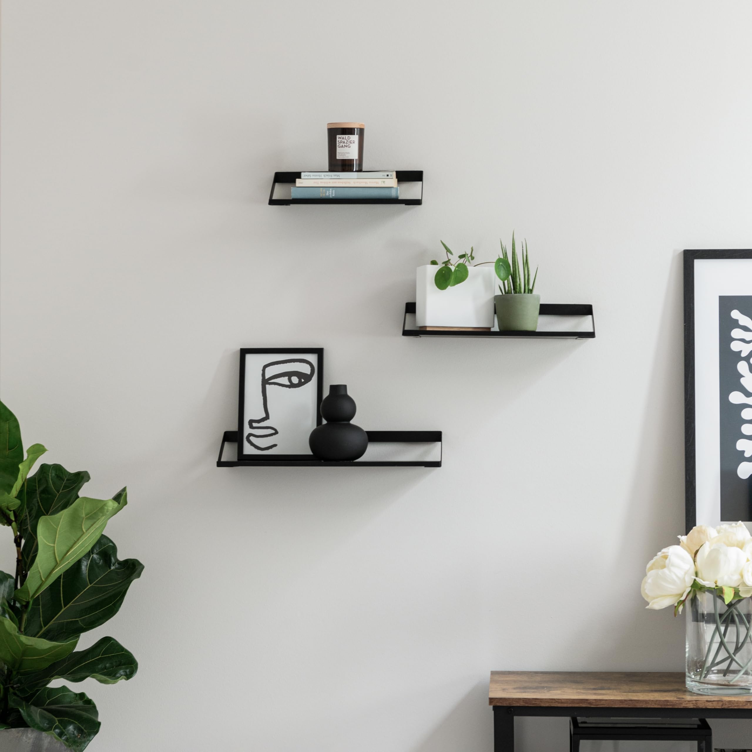 Kazai. Estantes de Pared -Finn- | Juego de Estantes Flotantes de 3 Partes de Metal y Chapa de Madera Real | Decoración de Pared, Almacenamiento y Estante para Salón, Cocina, Dormitorio | Roble, Negro