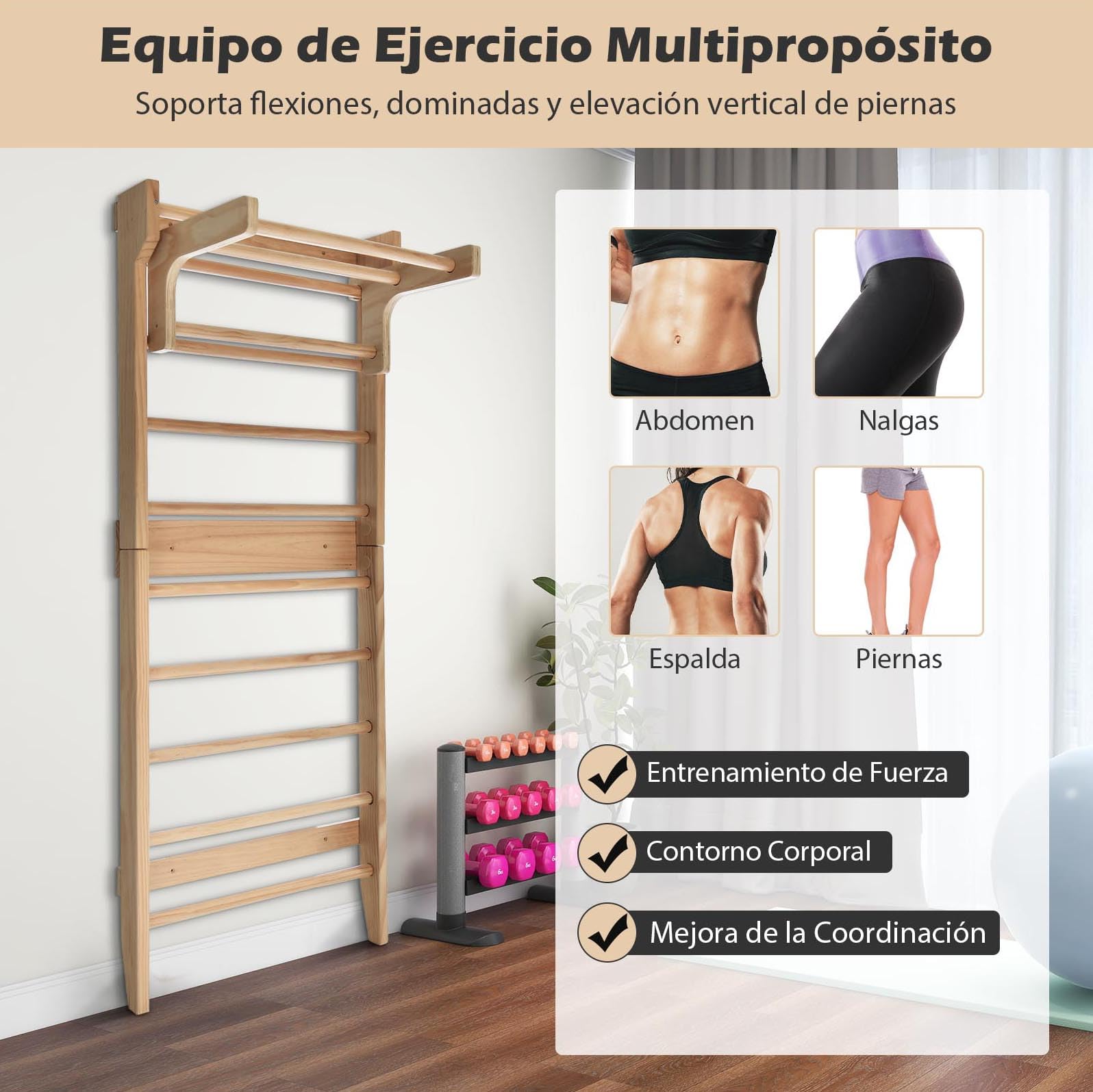 GYMAX Espaldera de Madera con Barra de Dominadas de Altura Ajustable, Estructura de Escalada de 195 x 80 cm para Adultos y Niños, para Fisioterapia, Gimnasia, Fitness, Soporta hasta 100 kg