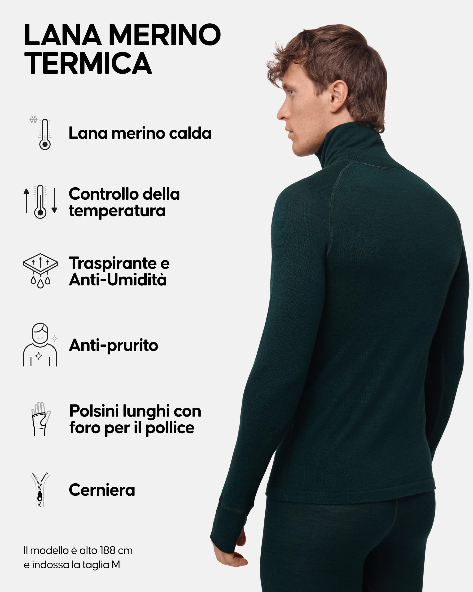 DANISH ENDURANCE Maglia Termica Uomo in Lana Merino, Manica Lunga, per Sci, Trekking, Escursionismo con o Senza Chiusura Zip