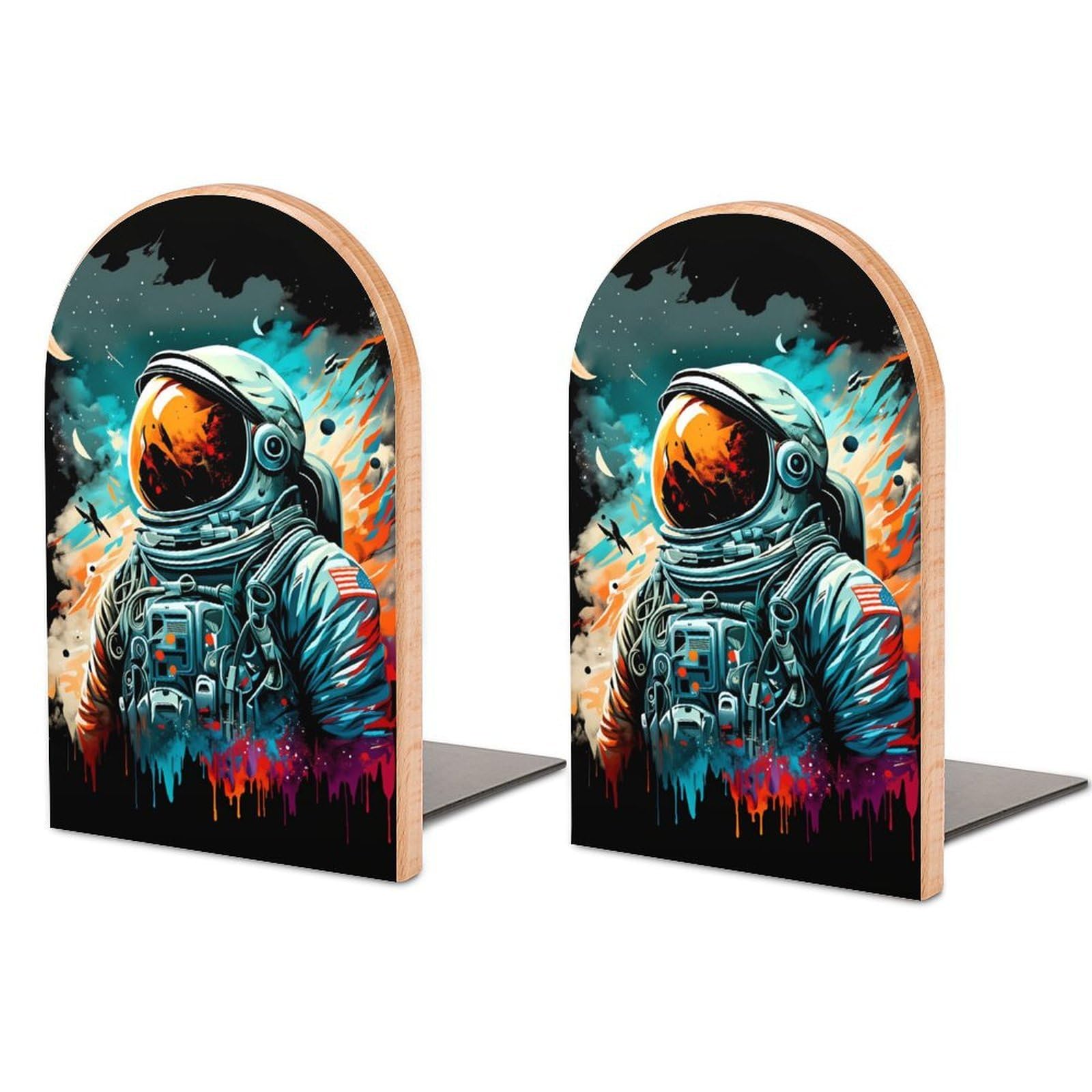 Astronaut Moon Solid Beech Wood Bookends, Decorative Book Ends for Shelves, Non-Skid Desktop Book Organizer for Home Office, Library Decor (1 Pair, 4.7" X 6.7")