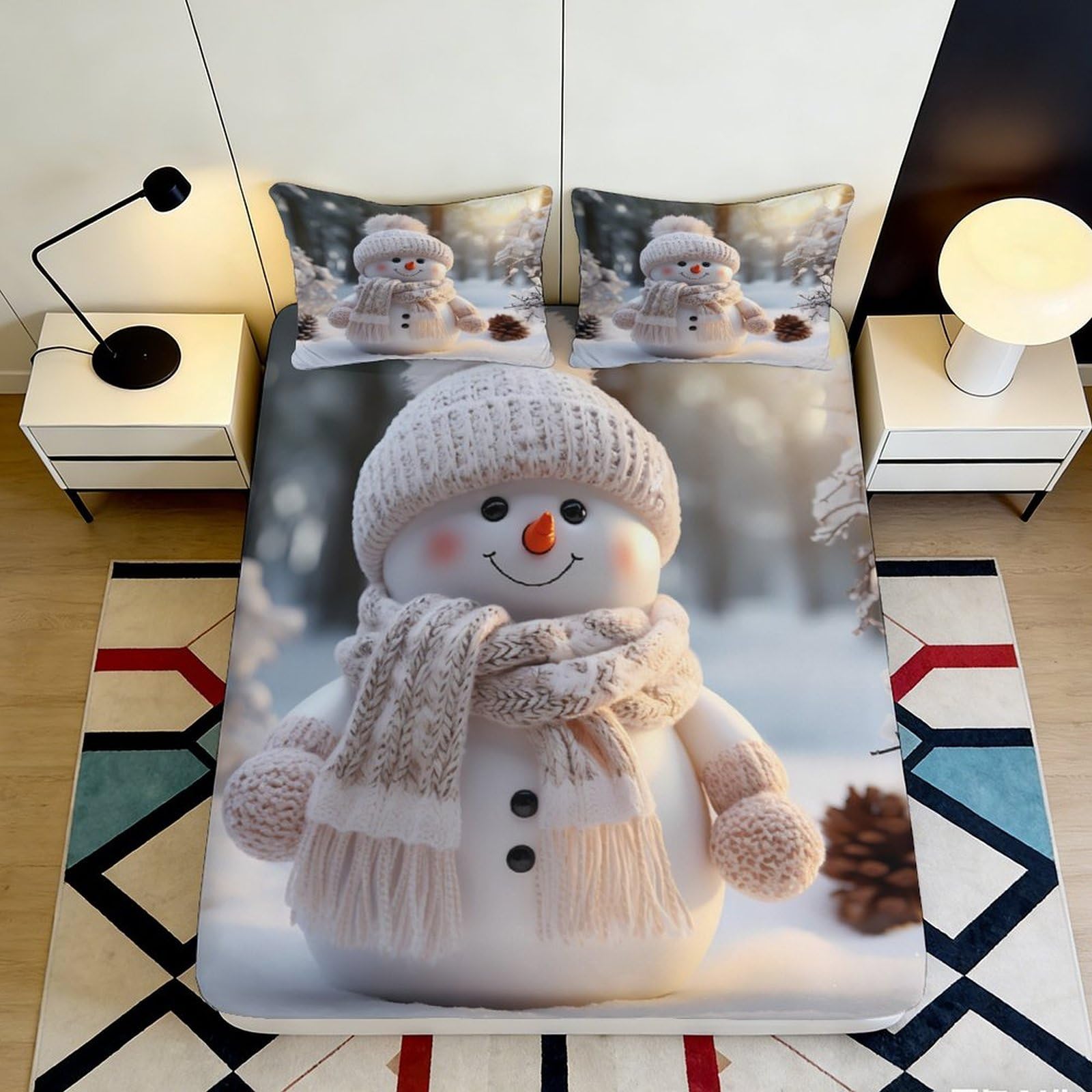 3D Printed Snowman Fitted Sheet Microfiber Soft Breathable Winter Scarf Bed Cover with 3D Printed Snowflake Mattress Cover for Bedroom Dormitory Guest Room 200x200x25cm