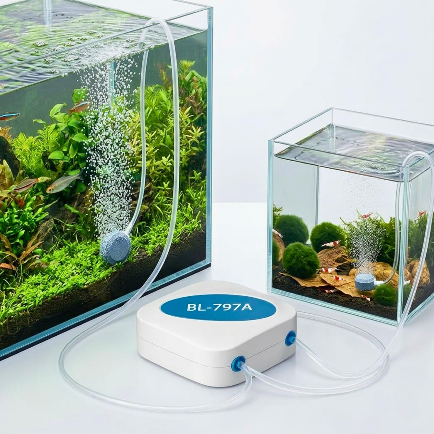 VAYINATO® Aquarium Oxygen Pump with Airtube & Air Stone | Ultra Quiet Fish Tank Air Pump for Aquarium | High Oxygen Output Bubble Pump | Energy Efficient (BL-797A | 5W | 7L/Min | Dual Way)